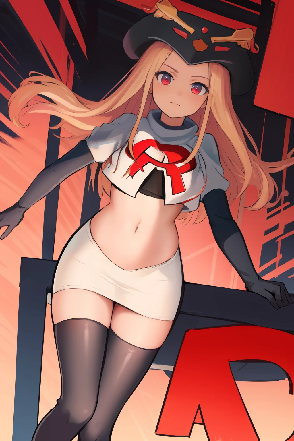 masterpiece, best quality, CG, wallpaper, HDR, high quality, high-definition, extremely detailed, potc, looking at viewer, team rocket,team rocket uniform,white skirt,red letter R,crop top,black thigh-highs,black elbow gloves