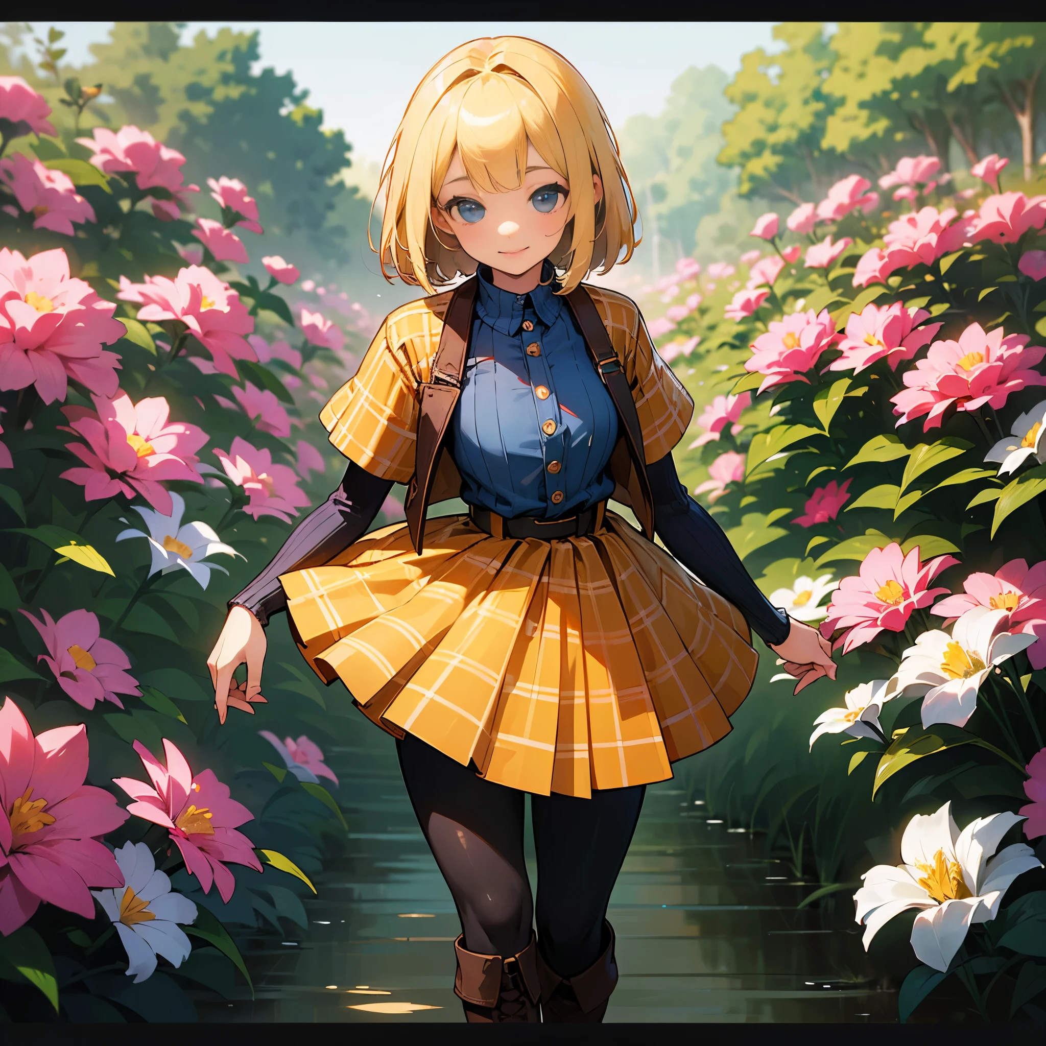 (high quality, High resolution, Super detailed, reality:1.37), peaceful atmosphere, (outdoors, garden), teenage girl standing alone, (big chest.), beautiful detailed features, cute smile, (blonde bob hair), ribbed sweater, blue plaid skirt, black tights, brown boots.