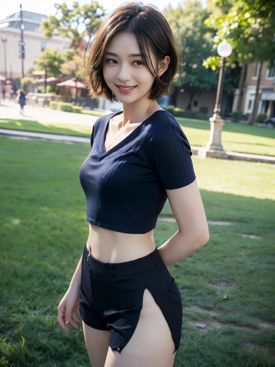 The 8k quality、Top image quality、超A high resolution、masterpiece、Photorealsitic、Raw photography、超A high resolution、21-year-old Korean、small tits、Dynamic angles、Cowboy Shots、smil、Laugh、The most beautiful forms chaos、elegent、Brutalist design、Vibrant colors、a short bob、smil、shiny white skin、Beautiful eyes with random colors、very thin lips、Beautiful eyes in every detail、Beautiful double eyelids、light chestnut hair、a park、Daytime outdoor、Overall、Black crop top、parka、hotpants、shot from a side angle、