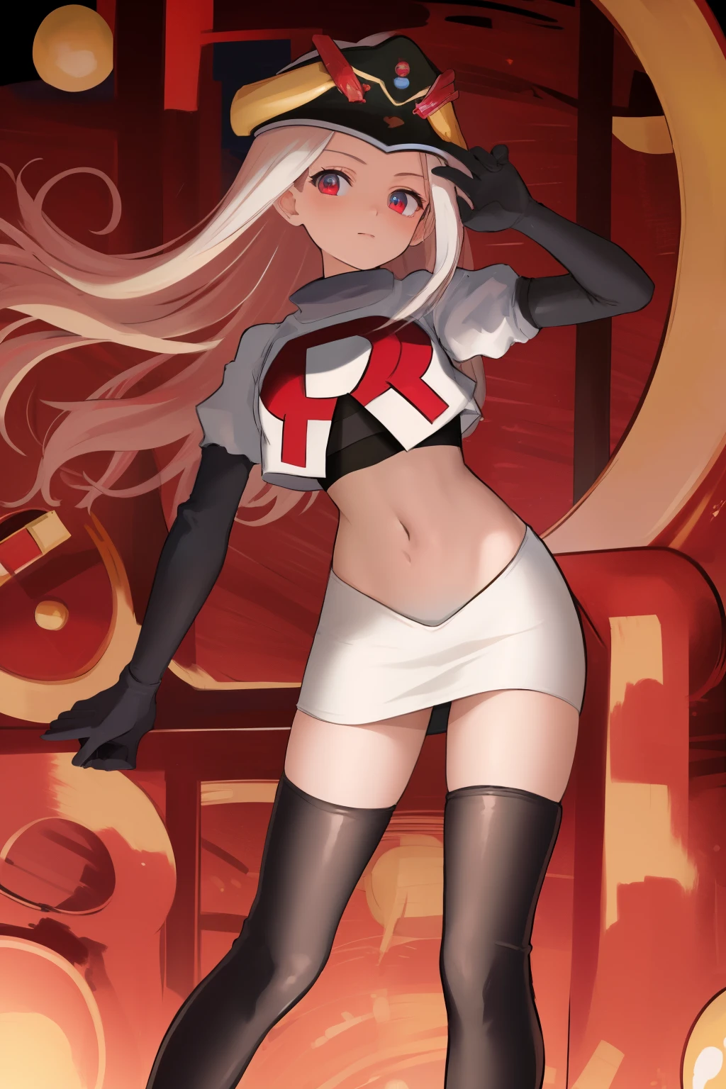 masterpiece, best quality, CG, wallpaper, HDR, high quality, high-definition, extremely detailed, potc, looking at viewer, team rocket,team rocket uniform,white skirt,red letter R,crop top,black thigh-highs,black elbow gloves