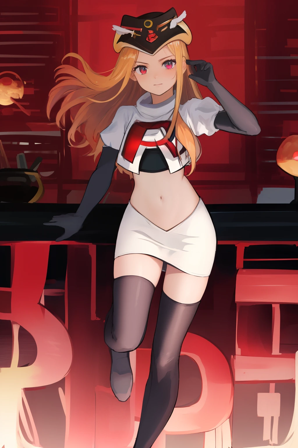 masterpiece, best quality, CG, wallpaper, HDR, high quality, high-definition, extremely detailed, potc, looking at viewer, team rocket,team rocket uniform,white skirt,red letter R,crop top,black thigh-highs,black elbow gloves