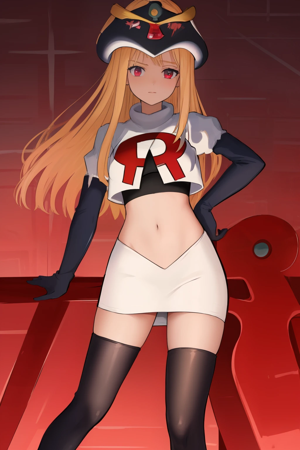 masterpiece, best quality, CG, wallpaper, HDR, high quality, high-definition, extremely detailed, potc, looking at viewer, team rocket,team rocket uniform,white skirt,red letter R,crop top,black thigh-highs,black elbow gloves