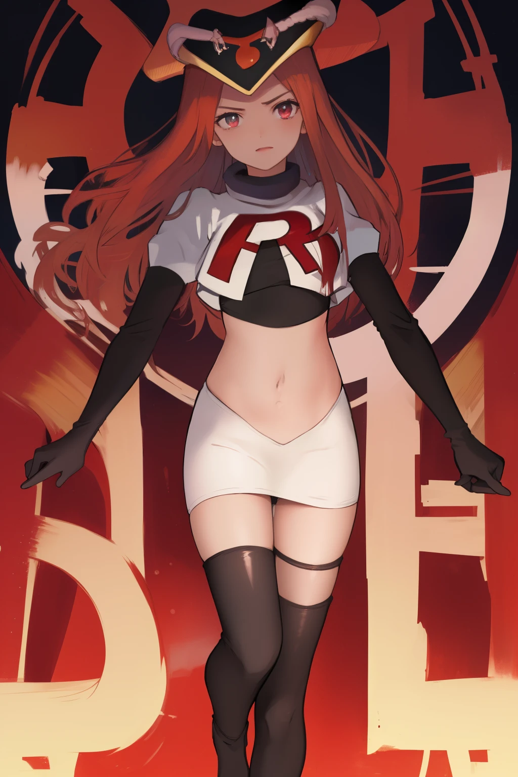 masterpiece, best quality, CG, wallpaper, HDR, high quality, high-definition, extremely detailed, potc, looking at viewer, team rocket,team rocket uniform,white skirt,red letter R,crop top,black thigh-highs,black elbow gloves