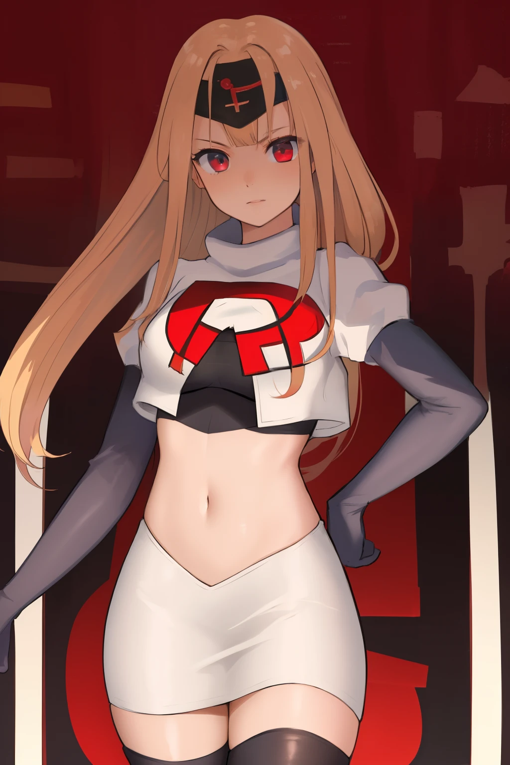 masterpiece, best quality, CG, wallpaper, HDR, high quality, high-definition, extremely detailed, potc, looking at viewer, team rocket,team rocket uniform,white skirt,red letter R,crop top,black thigh-highs,black elbow gloves