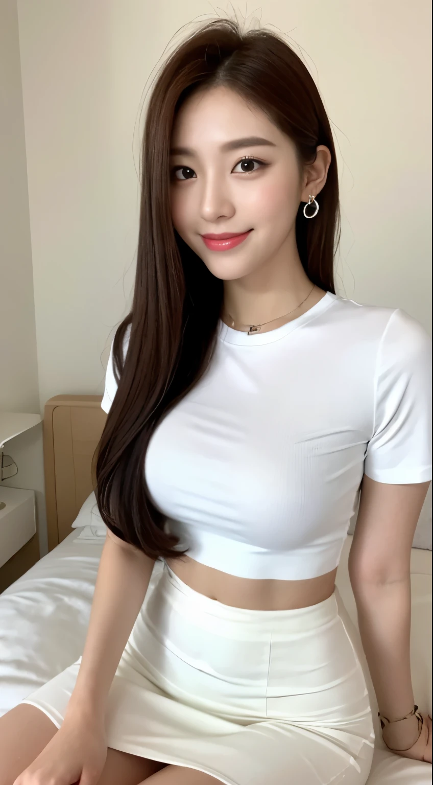 white tight shirt、white tight mini skirt、bed、smile、short sleeve、high resolution、Korean idol face