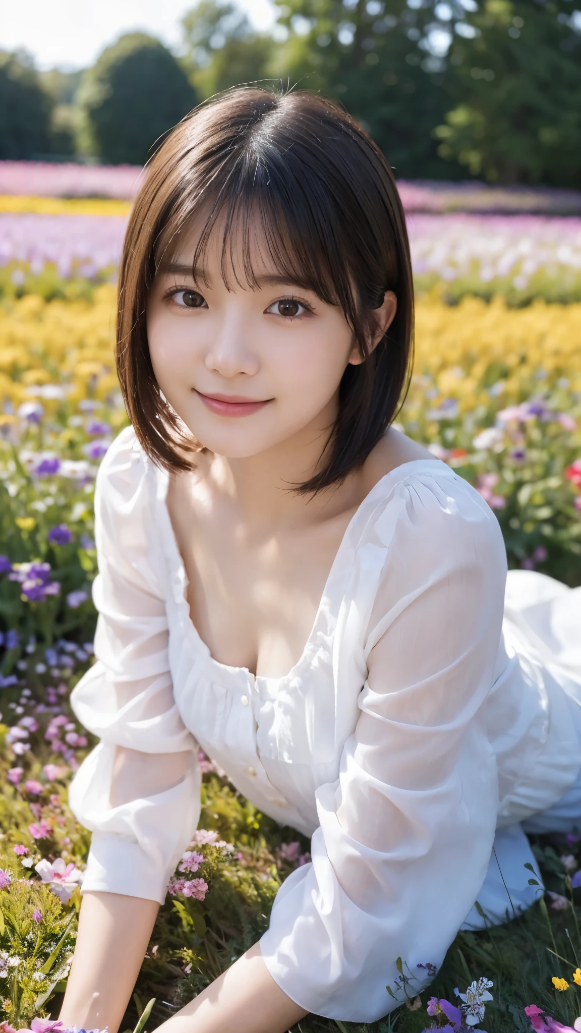 (highest quality,masterpiece:1.3,ultra high resolution),(Super detailed,caustics,8k),(photorealistic:1.4,RAW shooting),(girl lying in a flower field),18-year-old,cute,Japanese,black short hair,look up at the camera with a smile,white blouse,(big ),bust up shot,(high position),(high angle),face focus,face close up,bright light,Natural light,professional writing