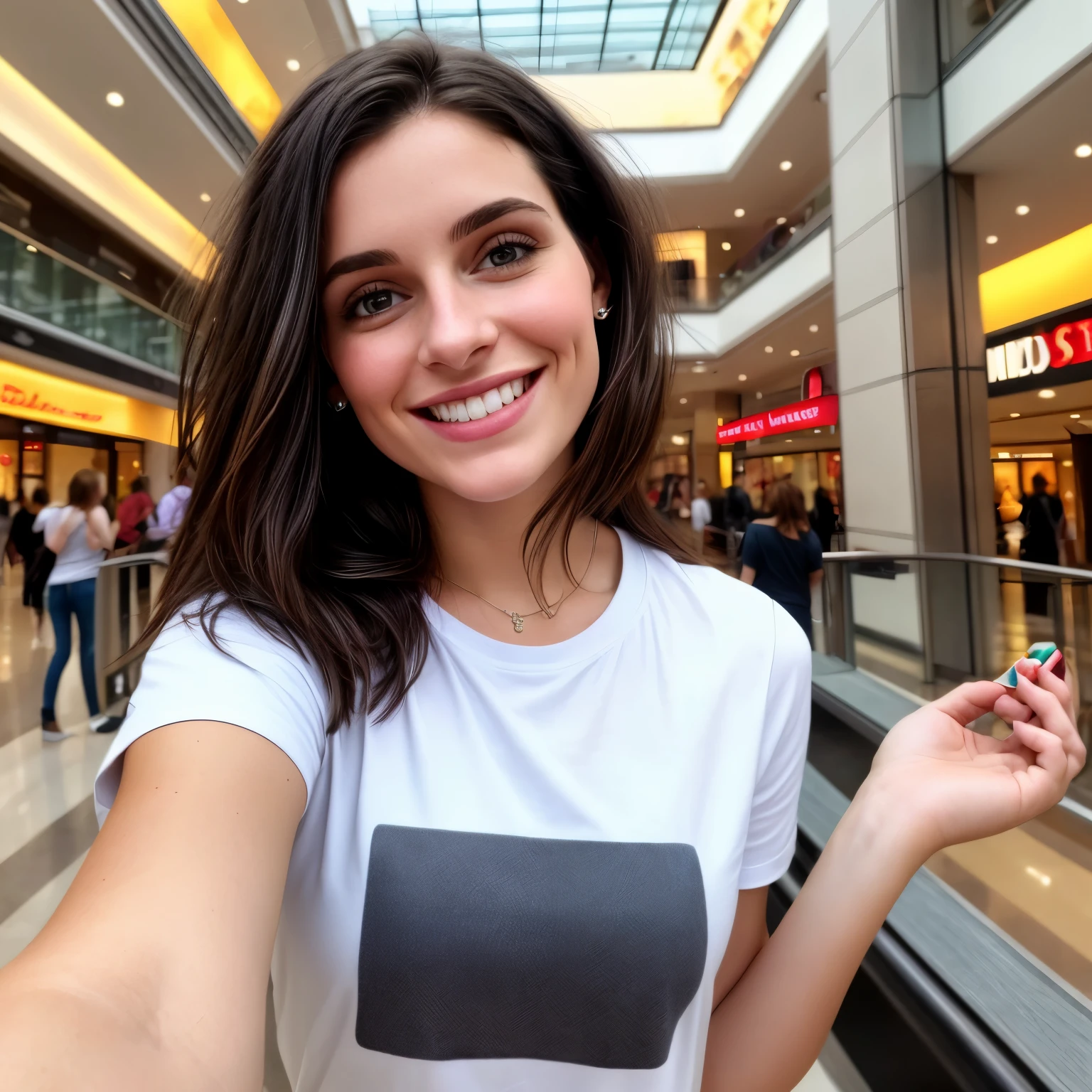 high resolution, photo-realistic, 28 years old woman, pretty face, smiling directly at the camera, half body, selfie, mall background, wearing t-shirt, black short straight hair