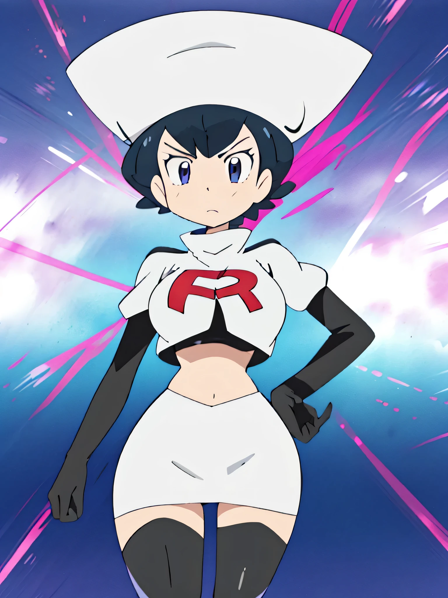 8k, ,1girl in, (solo:1.1), (perfect body:1.1), (best quality:1.1), very large breast, team rocket uniform, red letter r, white skirt,white crop top,black thigh-high boots, black elbow gloves, glaring angrily, looking down at viewer, hands on hips,zettai ryouiki,cowboy shot
