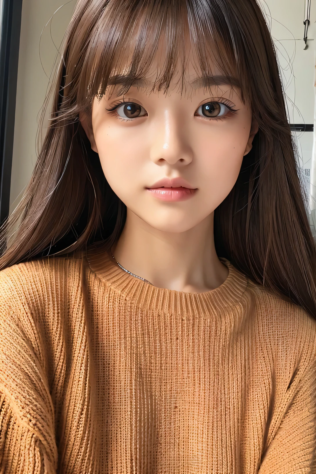 woman、super detailed face、double eyelid, long hair、bangs、clear eyes、knit sweater、Glossy skin, small head、whole body