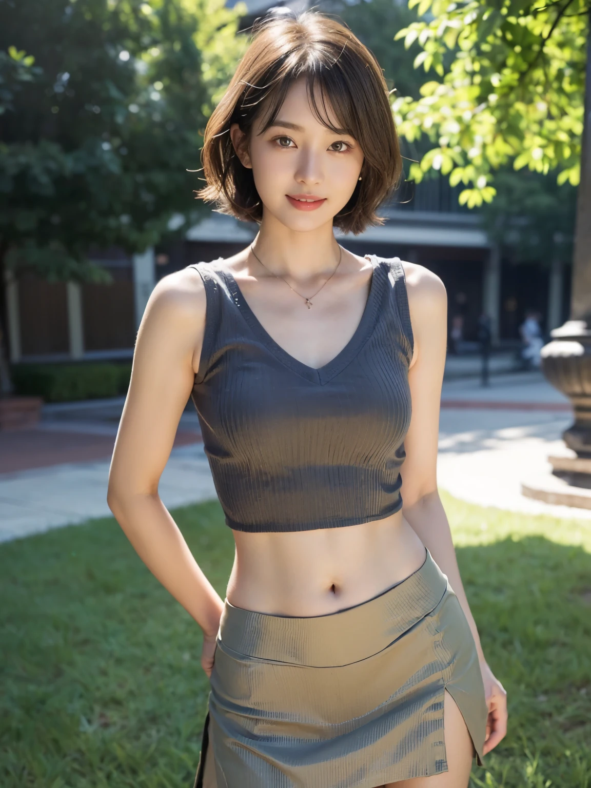 ((Middle breast, tomboy, small head)), (Chiseled abs: 1.1), (Perfect body: 1.1), Short hair, reddish brown hair, collar, chain, full body shot, bridge, tank top, (Mini skirt)), (Very detailed CG 8k wallpaper), (Very delicate and beautiful), (Masterpiece), (Best quality: 1.0), (Ultra High Definition: 1.0), beautiful lighting, perfect lightning, realistic shadows, High Resolution], Detailed Skin, Ultra Detailed, (Happy / Happy Look), Bust Top Over Clothes, Squat