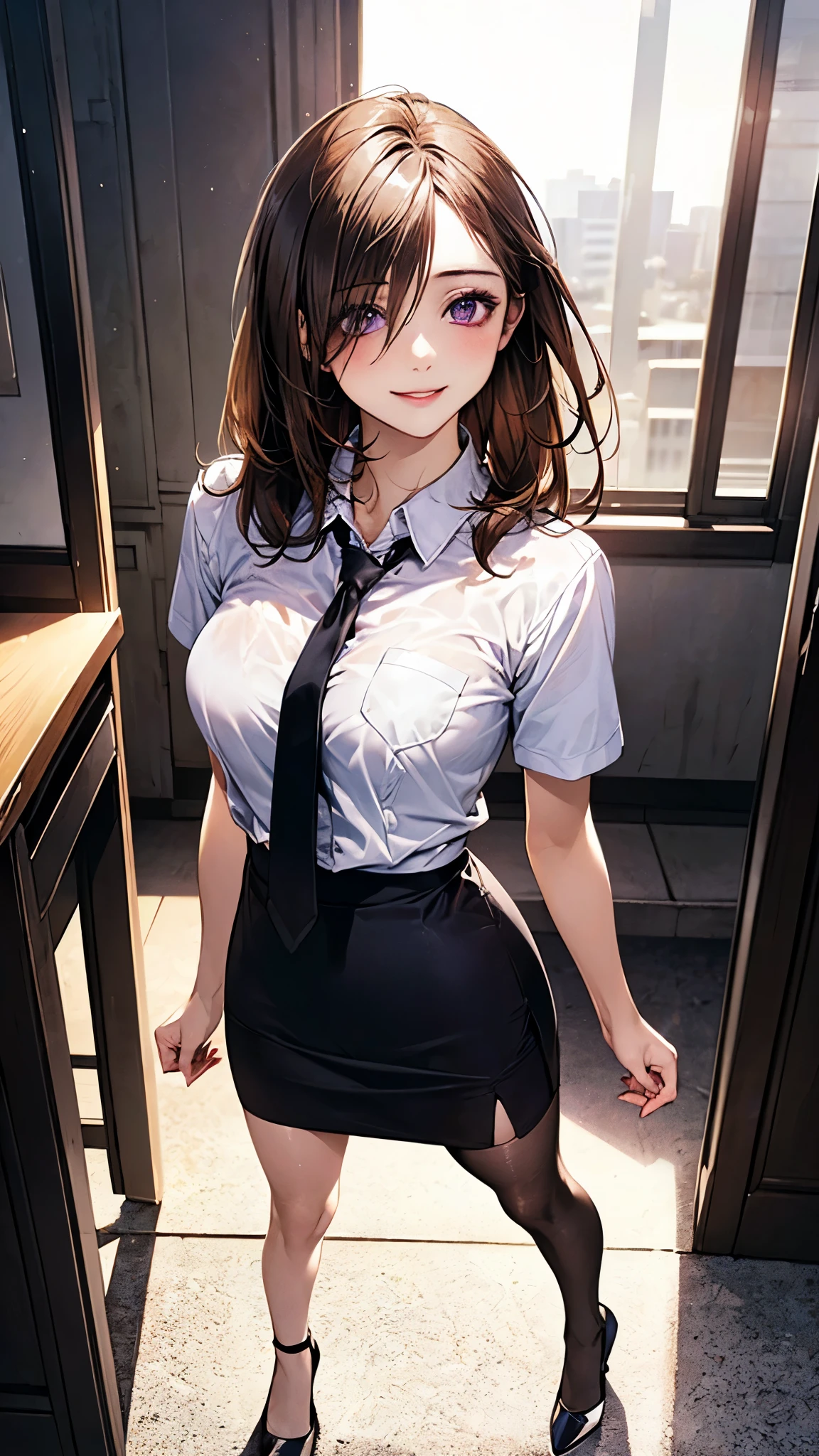(masterpiece:1.2, top-quality), (realistic, photorealistic:1.4), beautiful illustration, (natural side lighting, movie lighting), 
looking at viewer, full body, 1 girl, japanese, adult, beautiful sexy secretary, perfect face, cute and symmetrical face, shiny skin, 
(middle hair:0.6, messy hair:1.2, light brown (hair, hair over eyes)), dark purple eyes, long eye lasher, (mideum breasts, seductive thighs, big ass), nipple hardening, slender, 
beautiful hair, beautiful face, beautiful detailed eyes, beautiful clavicle, beautiful body, beautiful chest, beautiful thigh, beautiful legs, beautiful fingers, 
((detailed cloth texture, business jacket, short sleeves white collared shirts, extremely short skirt, seamed stockings, tie), high heels), 
(beautiful scenery), evening, ((in the office)), walking, strokes herself, craves sex, (lovely smile),