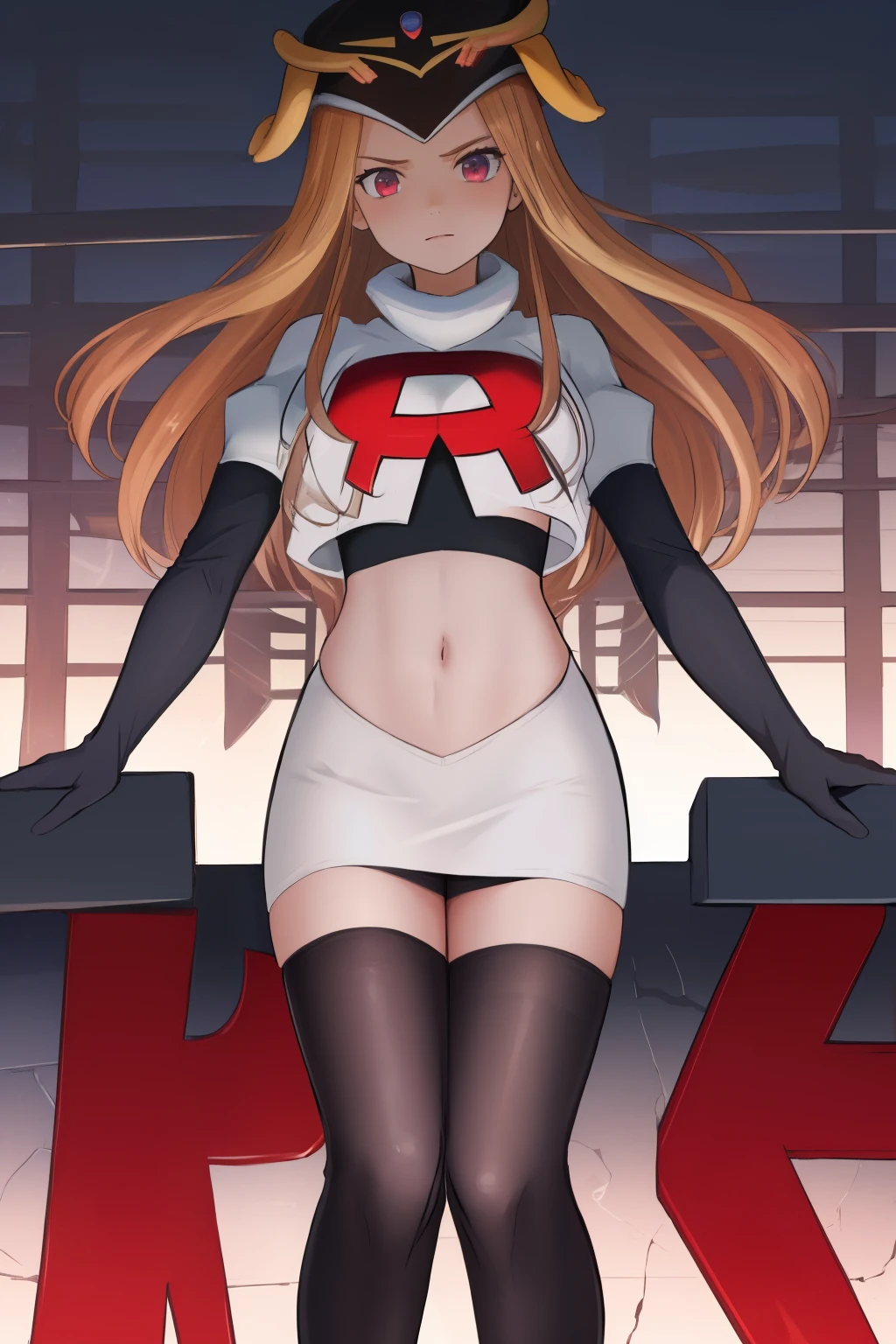 masterpiece, best quality, CG, wallpaper, HDR, high quality, high-definition, extremely detailed, potc, looking at viewer, team rocket,team rocket uniform,white skirt,red letter R,crop top,black thigh-highs,black elbow gloves