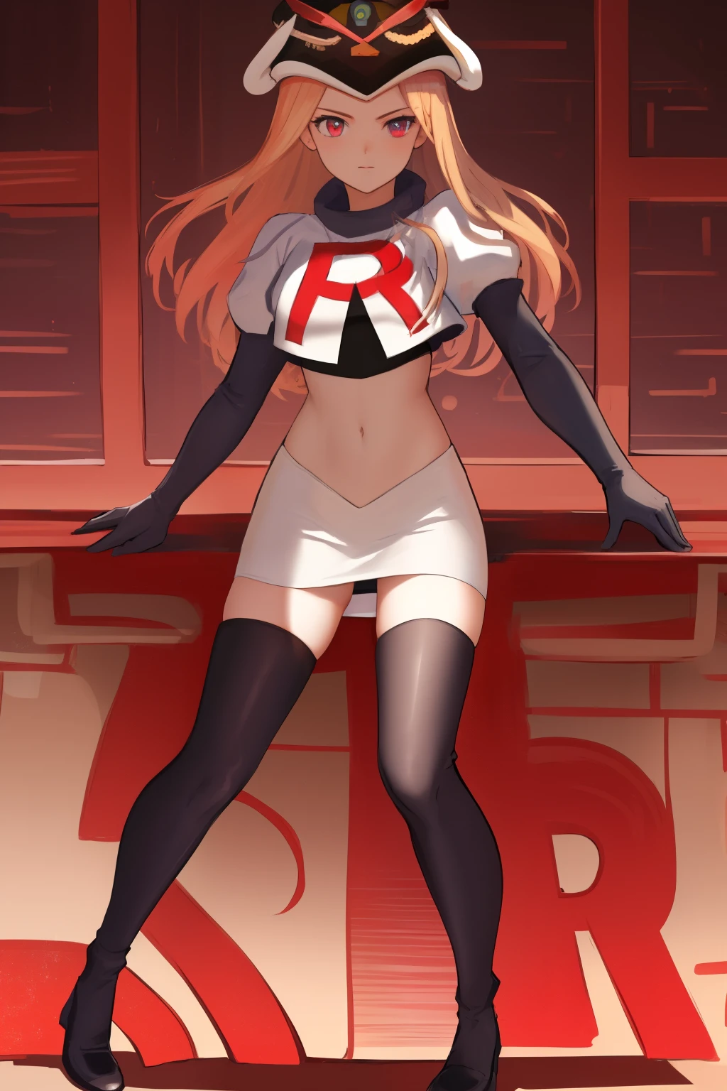 masterpiece, best quality, CG, wallpaper, HDR, high quality, high-definition, extremely detailed, potc, looking at viewer, team rocket,team rocket uniform,white skirt,red letter R,crop top,black thigh-highs,black elbow gloves