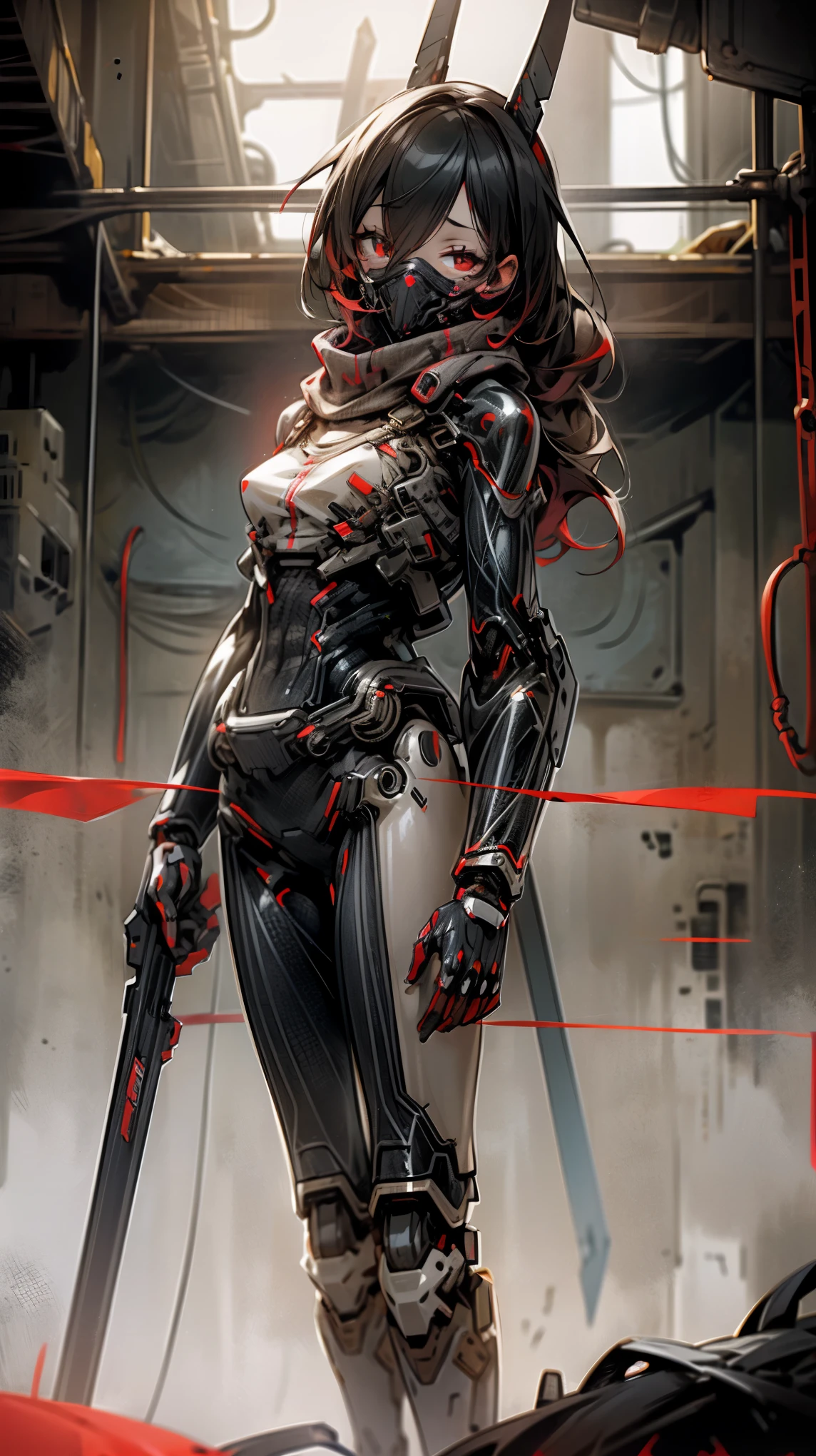 attractive woman [hitman:bounty hunter:0.4] Standing in an apocalyptic wasteland (glitch wave style:1) 、masked girl、Glowing red eyes、body of opportunity、robot、salvador、dark hero