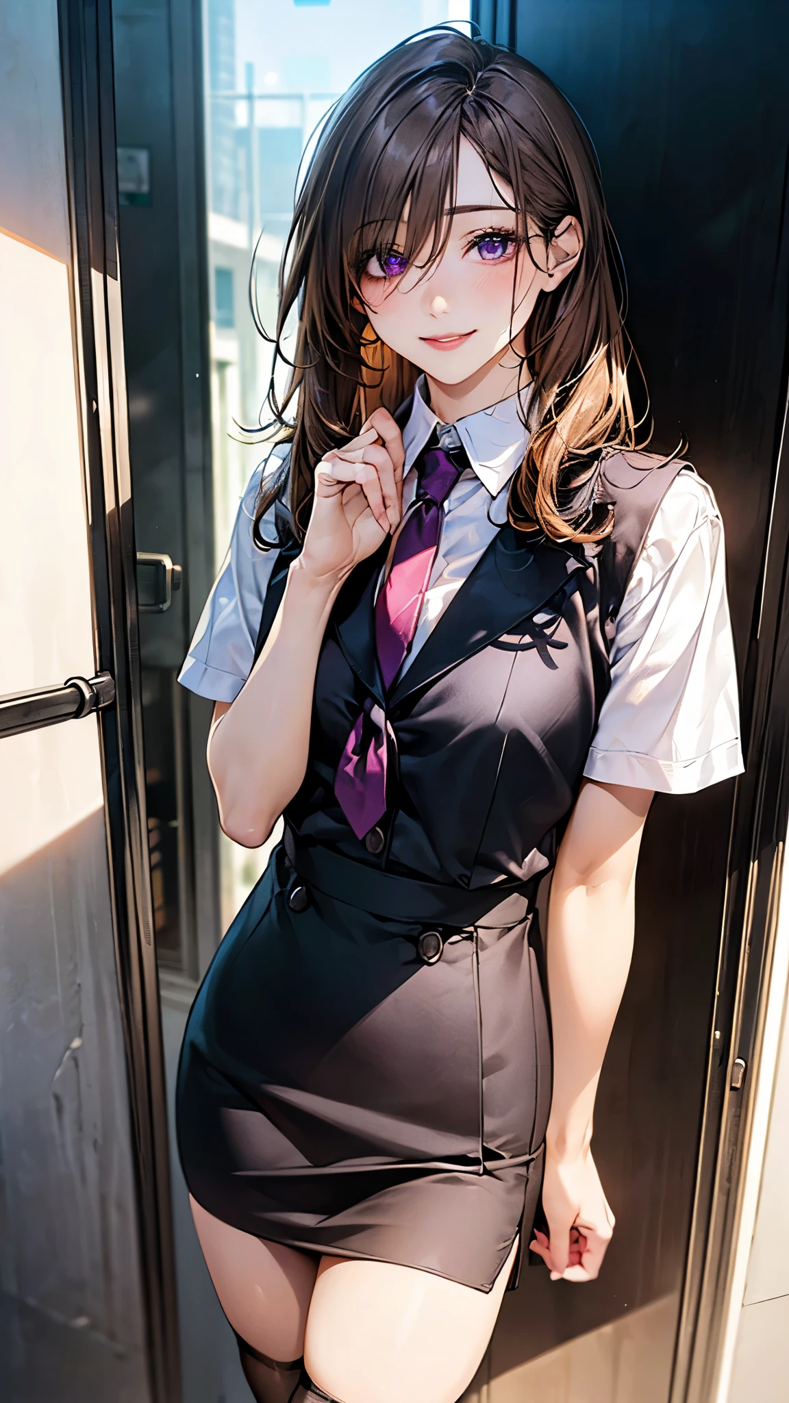 (masterpiece:1.2, top-quality), (realistic, photorealistic:1.4), beautiful illustration, (natural side lighting, movie lighting), 
looking at viewer, full body, 1 girl, japanese, adult, beautiful sexy secretary, perfect face, cute and symmetrical face, shiny skin, 
(middle hair:0.6, messy hair:1.2, light brown (hair, hair over eyes)), dark purple eyes, long eye lasher, (mideum breasts, seductive thighs, big ass), nipple hardening, slender, 
beautiful hair, beautiful face, beautiful detailed eyes, beautiful clavicle, beautiful body, beautiful chest, beautiful thigh, beautiful legs, beautiful fingers, 
((detailed cloth texture, business jacket, short sleeves white collared shirts, extremely short skirt, seamed stockings, tie), high heels), 
(beautiful scenery), evening, ((in the office)), walking, strokes herself, craves sex, (lovely smile),