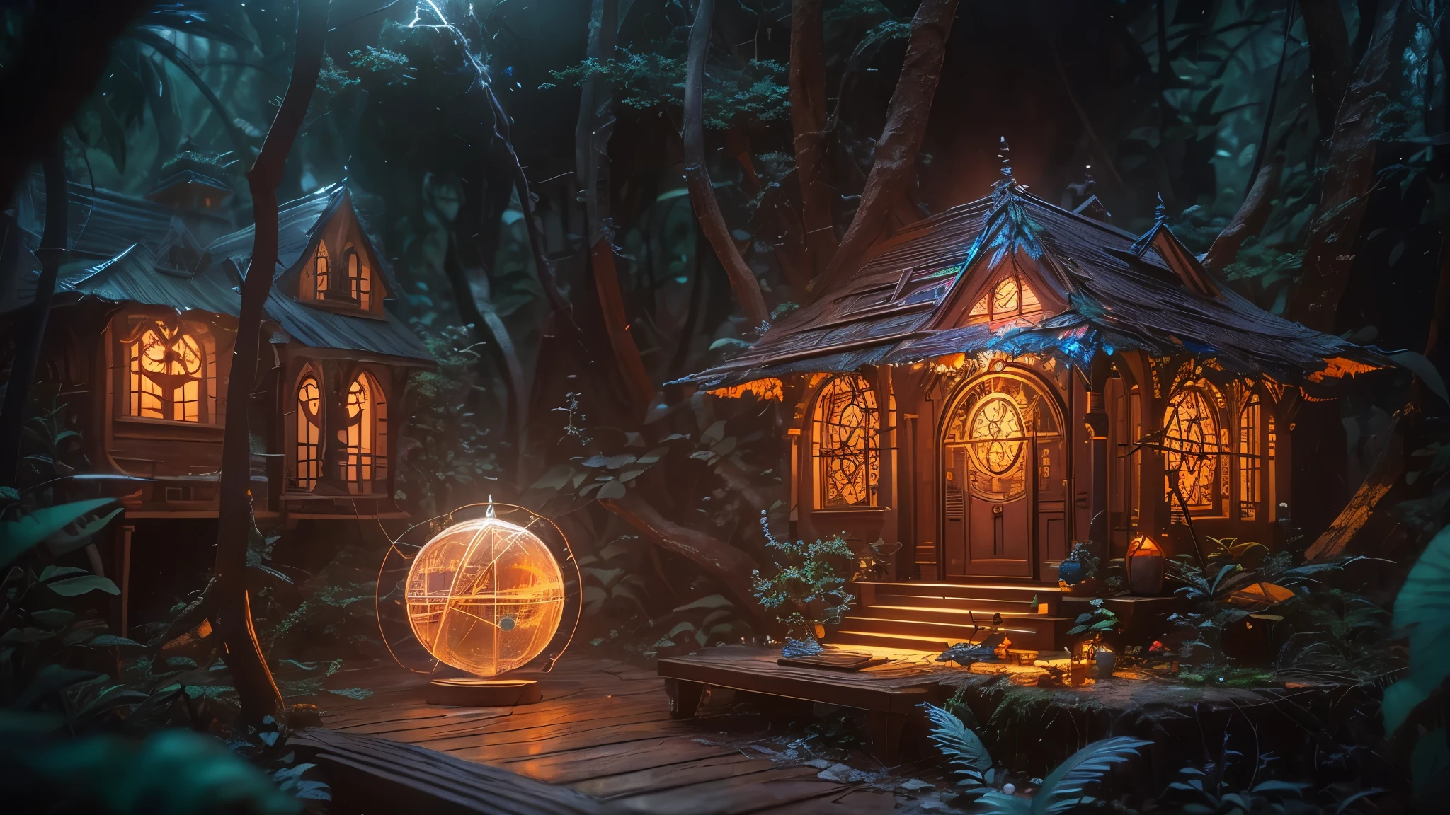 (number art, Stephen Gammell),Deep in the jungle, small wooden houses, crystal balls, magical lightning, magical flames, Electroluminescent Wire, Dreamy Glow, (3d sculpture,rendering by octane,volumettic light,Natural soft light,), (super delicate:1.2, lose focus:1.2, extremely colorful, Cinematic Lighting, Chiaroscuro,Ray Tracing), Masterpiece, super rich,super detailed,8k,magic circle, high res