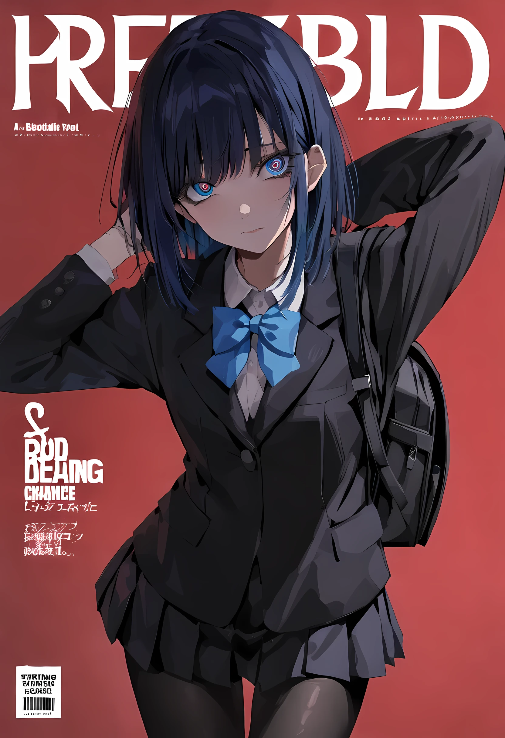 masterpiece, best quality, reze, detailed eyes, hands behind head:1.2, perfect hands, (magazine cover, bold letters, striking bold font, comic cover), wearing black backpack, cool expression, medium shot, 1girl, solo, negative space, red background, red background, wearing black backpack, a girl in a school uniform, detailed blue eyes:1, half closed eyes, detailed eyelashes, sharp eyes, dark royal blue hair, medium length hair, hair behind ear, side bangs, (black blazer, black pleated skirt, black tights), simple, facing viewer, manga illustration-style, bangs, 18 years old, rating: questionable, wearing black backpack, black straps:1, black blazer:1, long-sleeved blazer,
