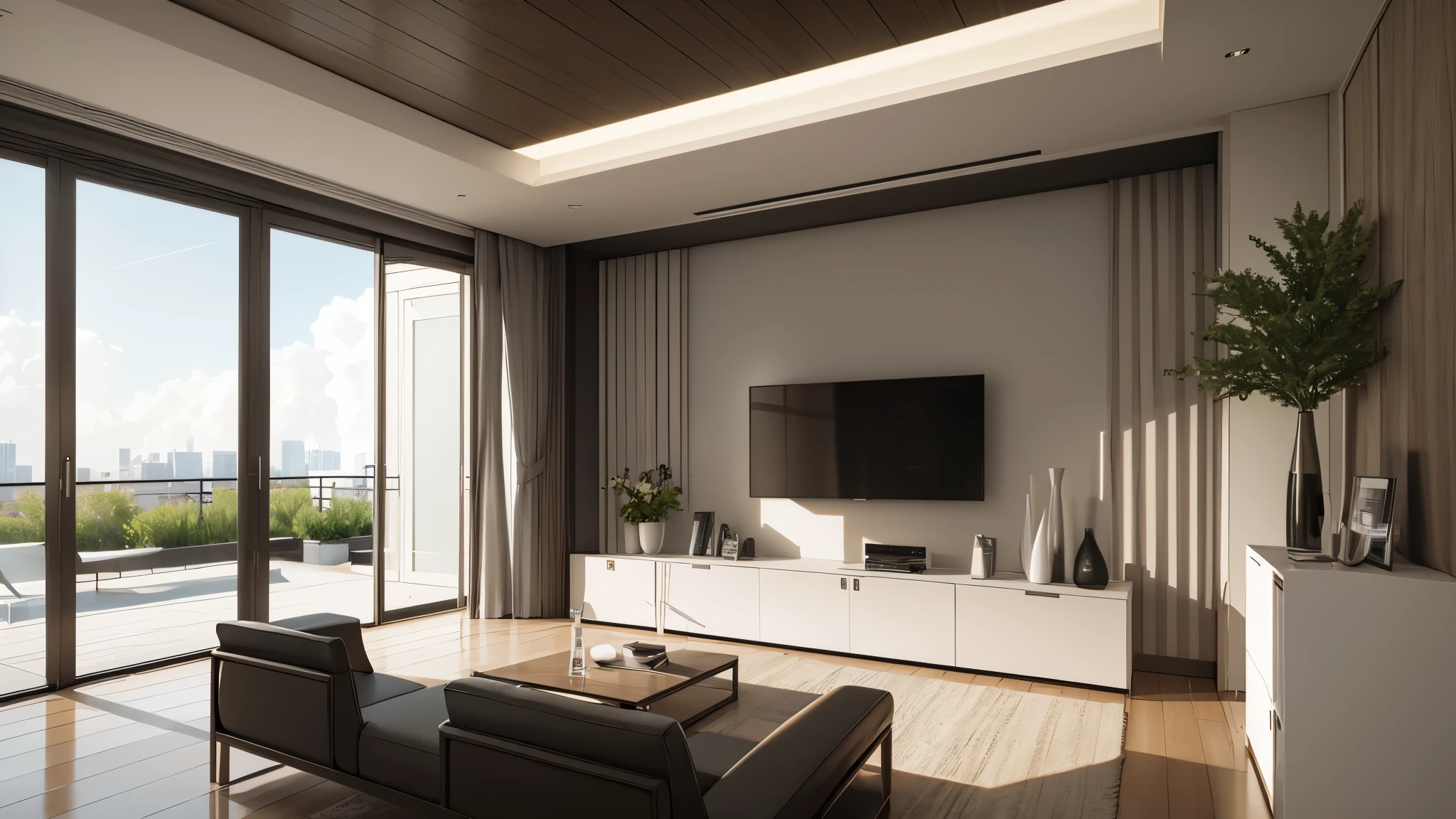 you are a famous interior designer、I was asked to create a 3D image of a large modern room.。. Create a harmonious environment with modern and minimalist furniture. Including garden interior.