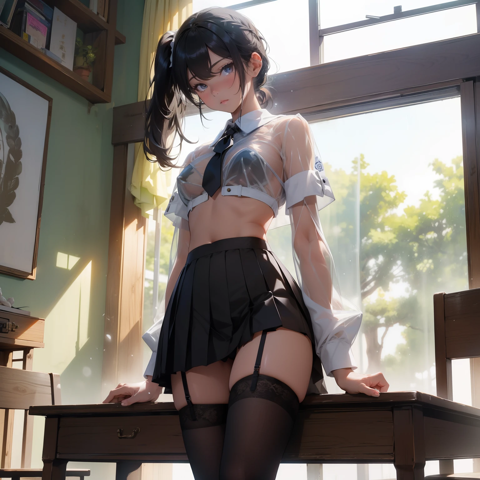 (quality)), ((masterpiece)), Recommended results、浮肿of乳头、(see through:1.5)、挺直你of背部、abdominal muscles、巨大of胸围、与地板of角度:1.2、low shooting angle、Hair loss on crotch,Hatsune Miku,((8k, original photo, 最好of质量, masterpiece), High-detail RAW color photos for professional close-up photos, (实际of, photorealism:1. 37), (最好of质量), (最好of影子), (Best Illustration), clavicle ((big breasts)), ((of, 性感of, horny)) ultra high resolution, High-detail CG unified 8K wallpaper, 基于物理of渲染, light), (Egiosar:1), 1 16 year old girl in school wearing school uniform, ((Half white coat outside)), (sailor collar school uniform), short shirt showing off the navel, pleated skirt, in the classroom, Breasts sticking out, (split:1.2), 美丽细致of眼睛, There is light on the face, ((full-body shot)), The light is particularly strong, lying on the table, feminine expression, (garter stockings, Thick thighs), black braids, ulzzang-6500-v1.1:0.2, 害羞of, rinse, NSFW, China, (Black double ponytail:1.2)