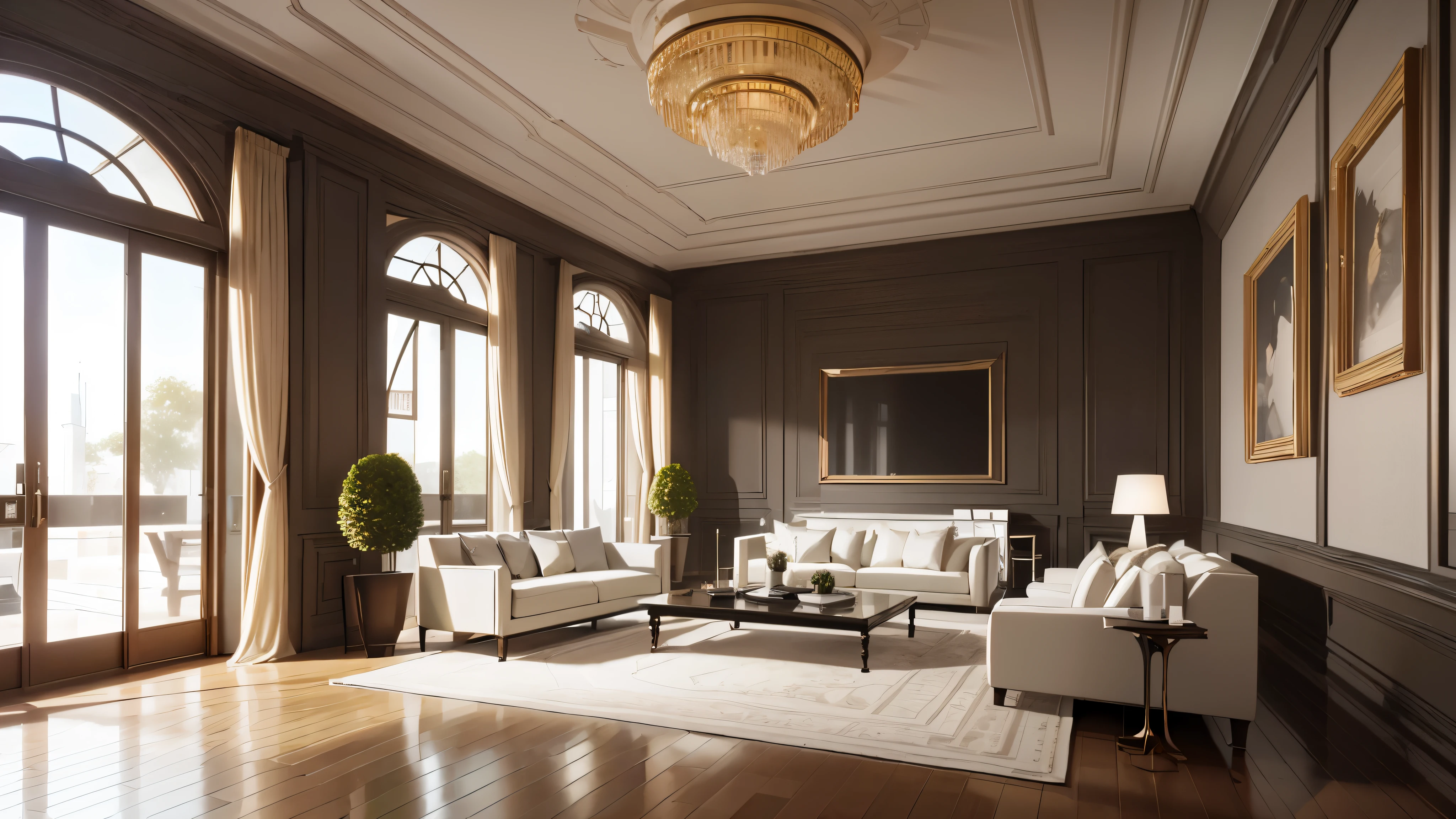 you are a famous interior designer、I was asked to create a 3D image of a large modern room.。. Create a harmonious environment with modern and minimalist furniture. Including garden interior.