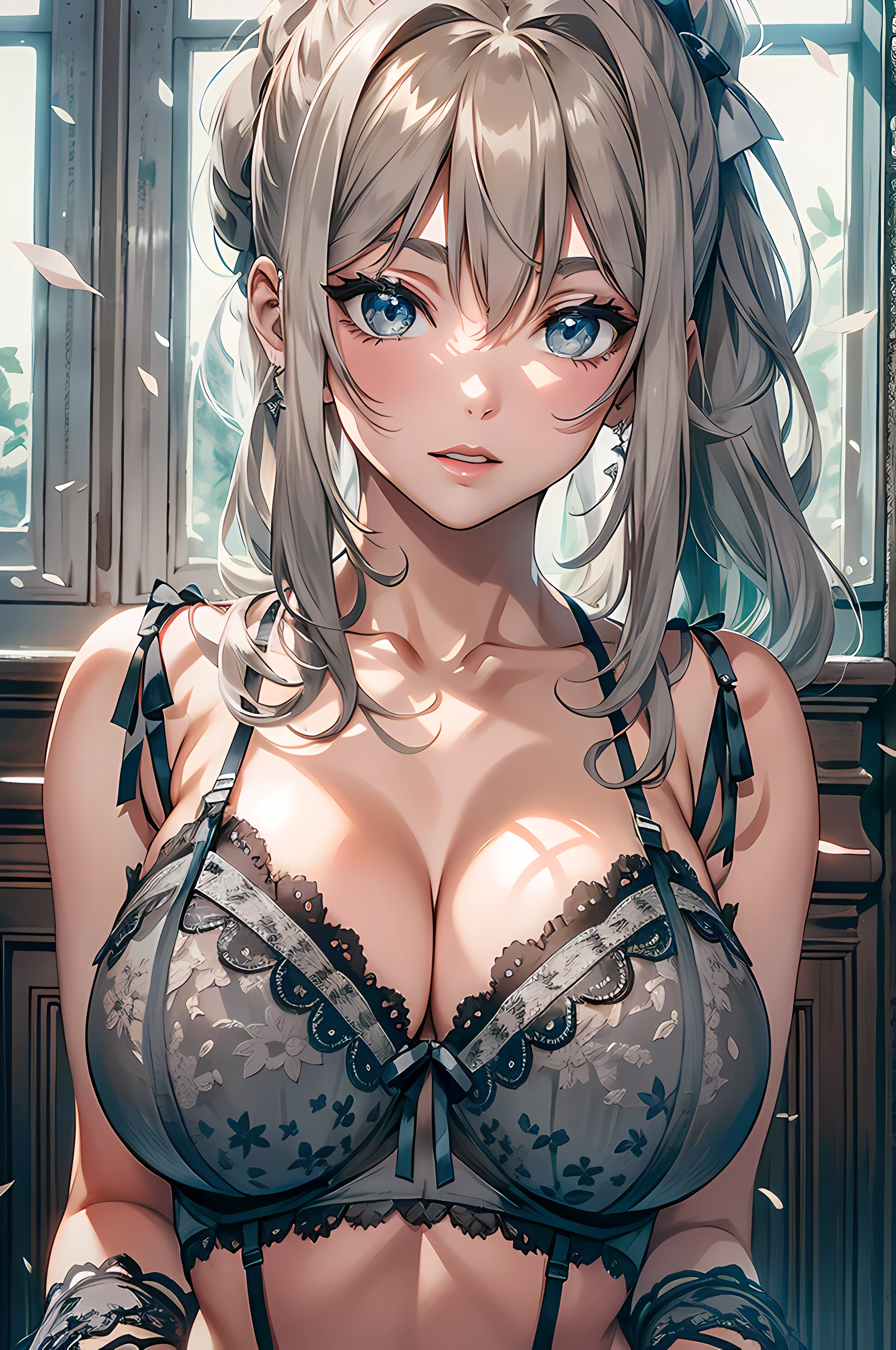 Absurd, 8 Tausend, high resolution, Ultradetailliert, Nice, Meisterwerk, best quality, very pretty woman, jung, (graue Dessous:1.6), sexy, (very big breasts:1.4), detailliertes Frauengesicht ,blondes Haar, Pferdeschwanz 