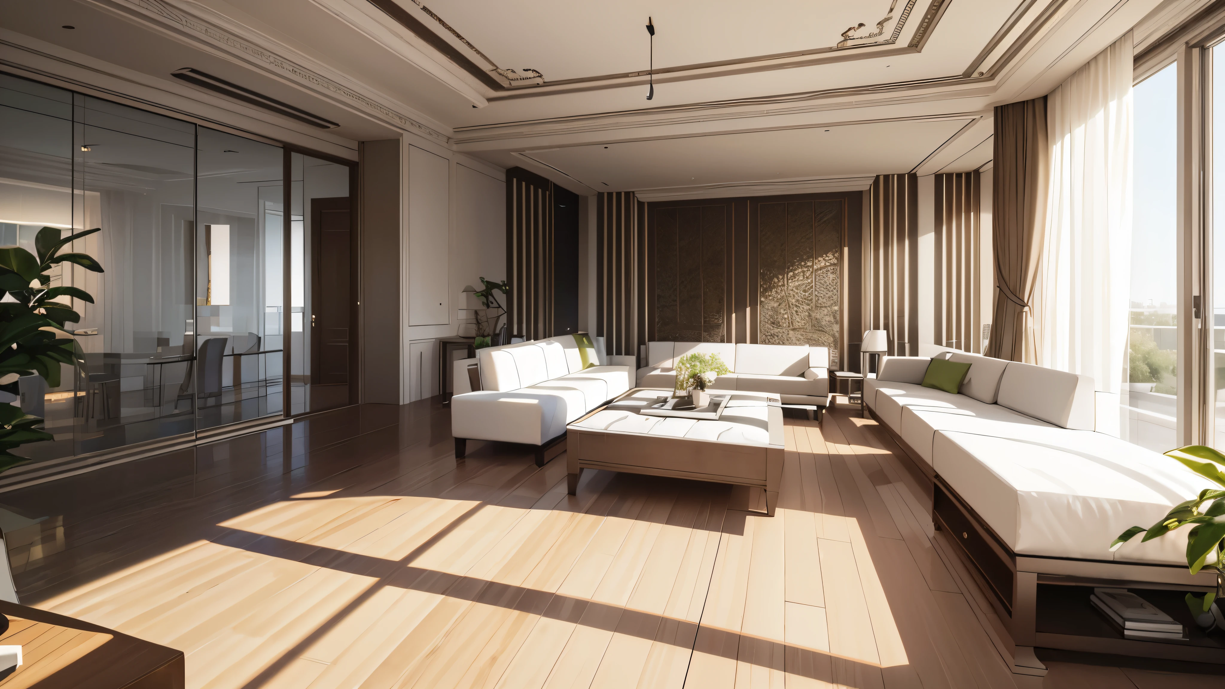 you are a famous interior designer、I was asked to create a 3D image of a large modern room.。. Create a harmonious environment with modern and minimalist furniture. Including garden interior.