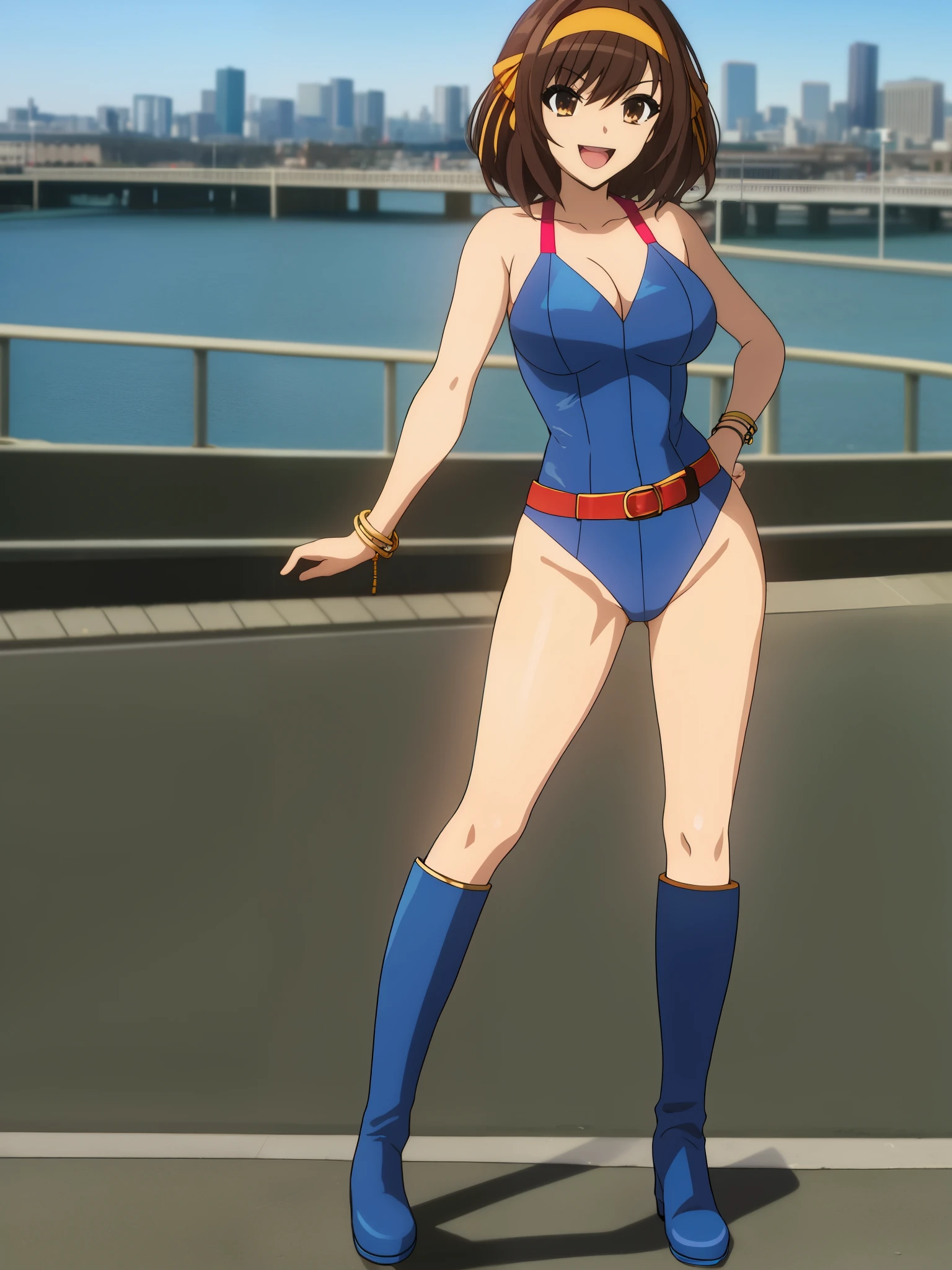 1girl, medium breasts, leotard, blue leotard with red accents, gold tight belt, gold belt, bare legs, boots, red boots, matching boots, bracelets, city backdrop, solo, single, standing, full body shot, cowboy shot, beautiful detailed eyes, haruhi, looking_at_viewer, smile, short_hair, open_mouth, bangs, brown_hair, ribbon, cleavage, brown_eyes, hair_ribbon, :d, hairband, medium_hair, v-shaped_eyebrows, orange_hairband