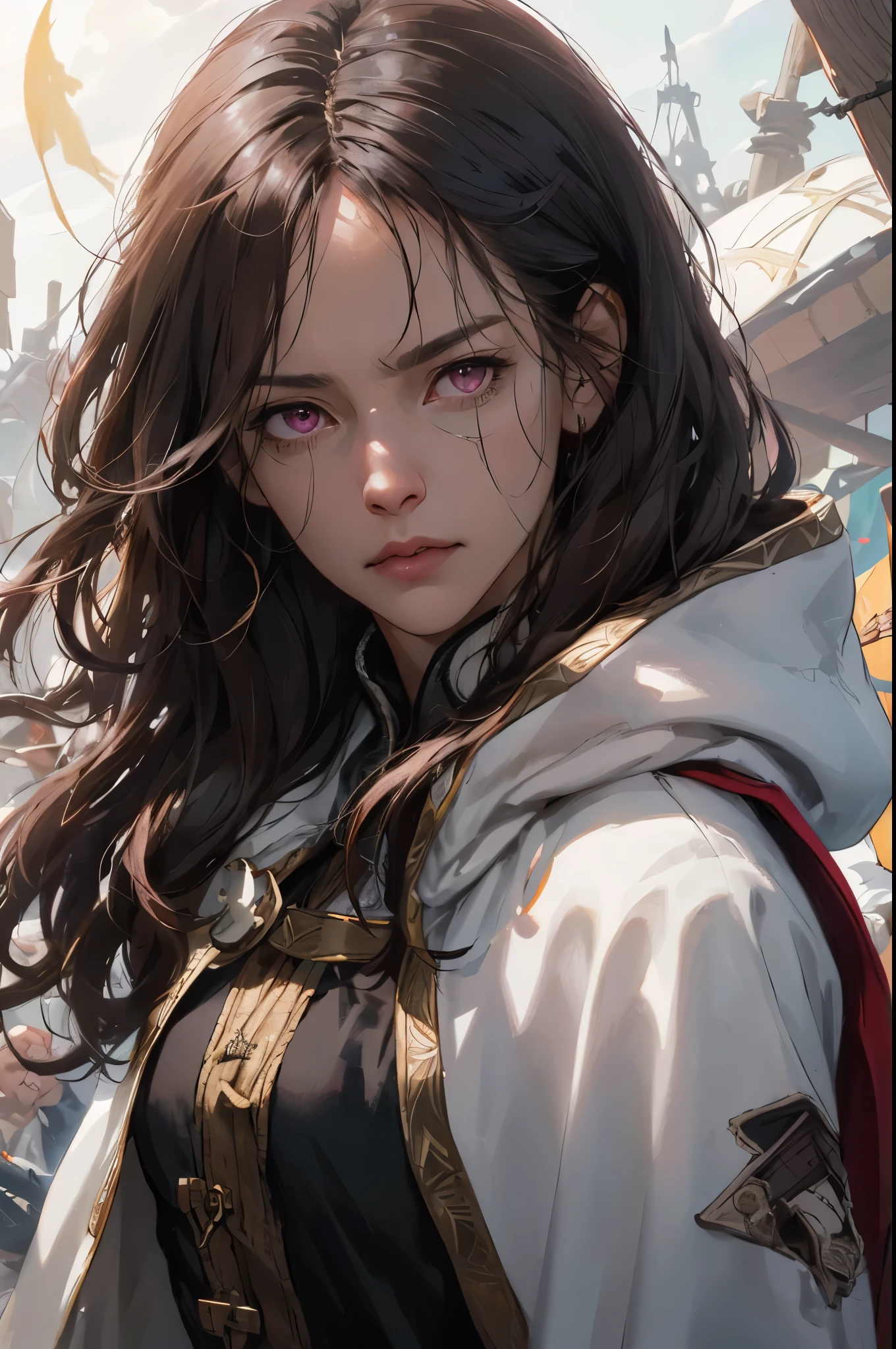 (disorganized, High resolution, super detailed), 1 female, mature woman, I&#39;m old, long wavy hair, dark brown hair, pink eyes, bangs, long sleeve, small eyes and small face, Highly detailed CG Unity 8k wallpaper, intricate details, portrait, (Bloody Scar:0.7), look down, alone, Upper body, detailed background, determined look, assassins creed,  assassin, hidden wrist blade, black rugged  assassin clothes, hood, capelet,  small knife,  Revolutionary, dynamic pose,  Caribbean Island Setting, The Golden Age of Piracy, background closed gate, dust, , portrait, The wind swirled