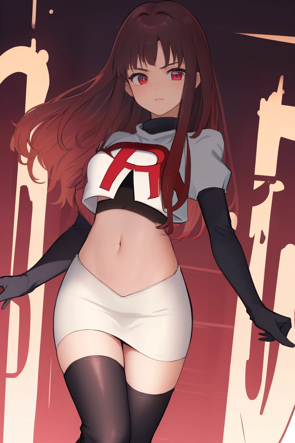 masterpiece, best quality, CG, wallpaper, HDR, high quality, high-definition, extremely detailed, potc, looking at viewer, team rocket,team rocket uniform,white skirt,red letter R,crop top,black thigh-highs,black elbow gloves