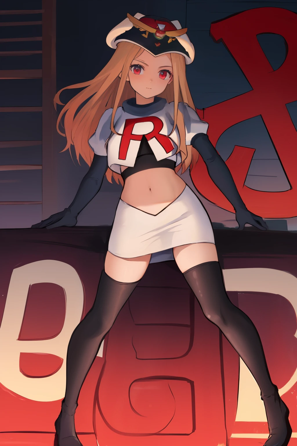 masterpiece, best quality, CG, wallpaper, HDR, high quality, high-definition, extremely detailed, potc, looking at viewer, team rocket,team rocket uniform,white skirt,red letter R,crop top,black thigh-highs,black elbow gloves