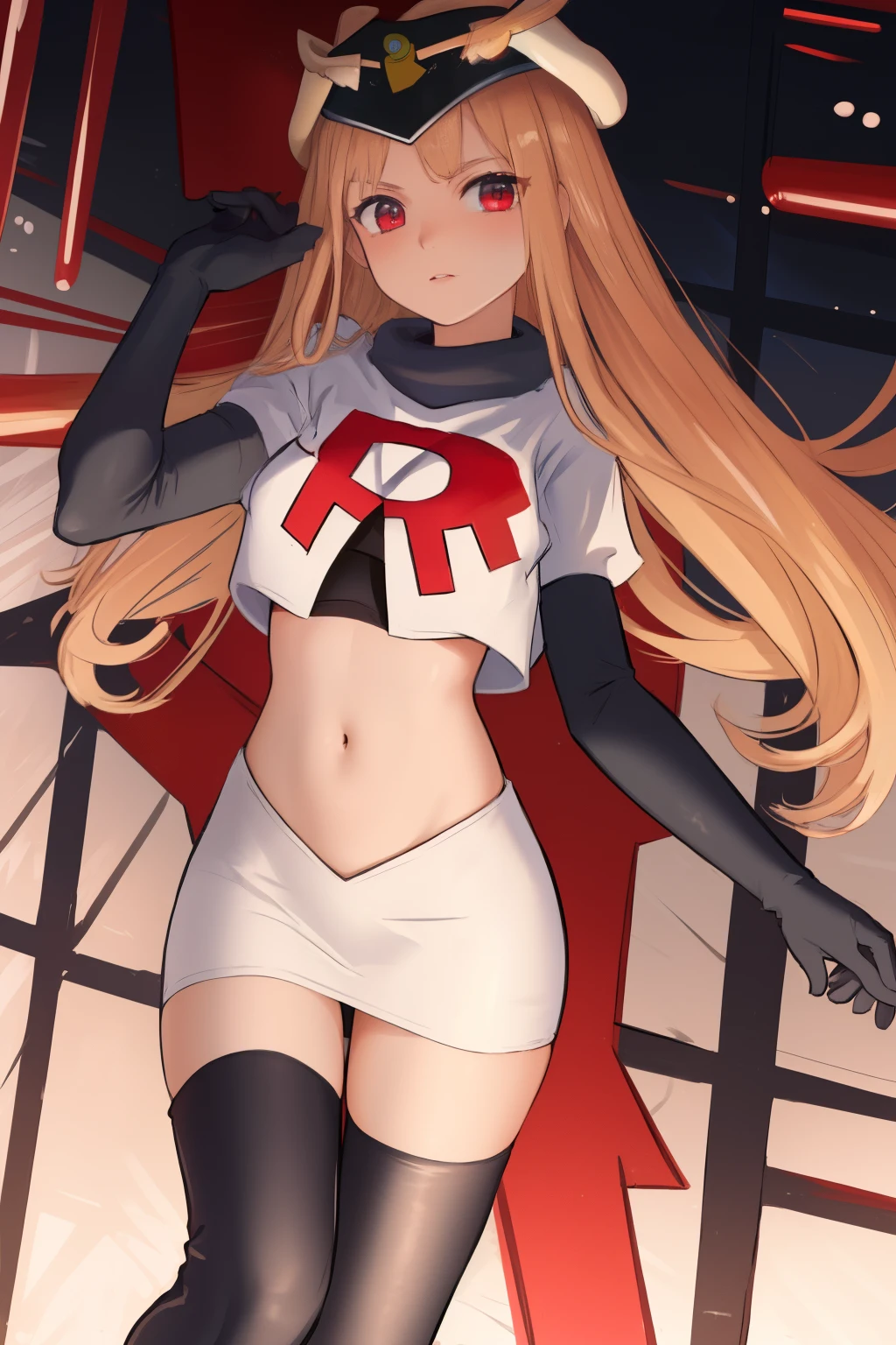 masterpiece, best quality, CG, wallpaper, HDR, high quality, high-definition, extremely detailed, potc, looking at viewer, team rocket,team rocket uniform,white skirt,red letter R,crop top,black thigh-highs,black elbow gloves