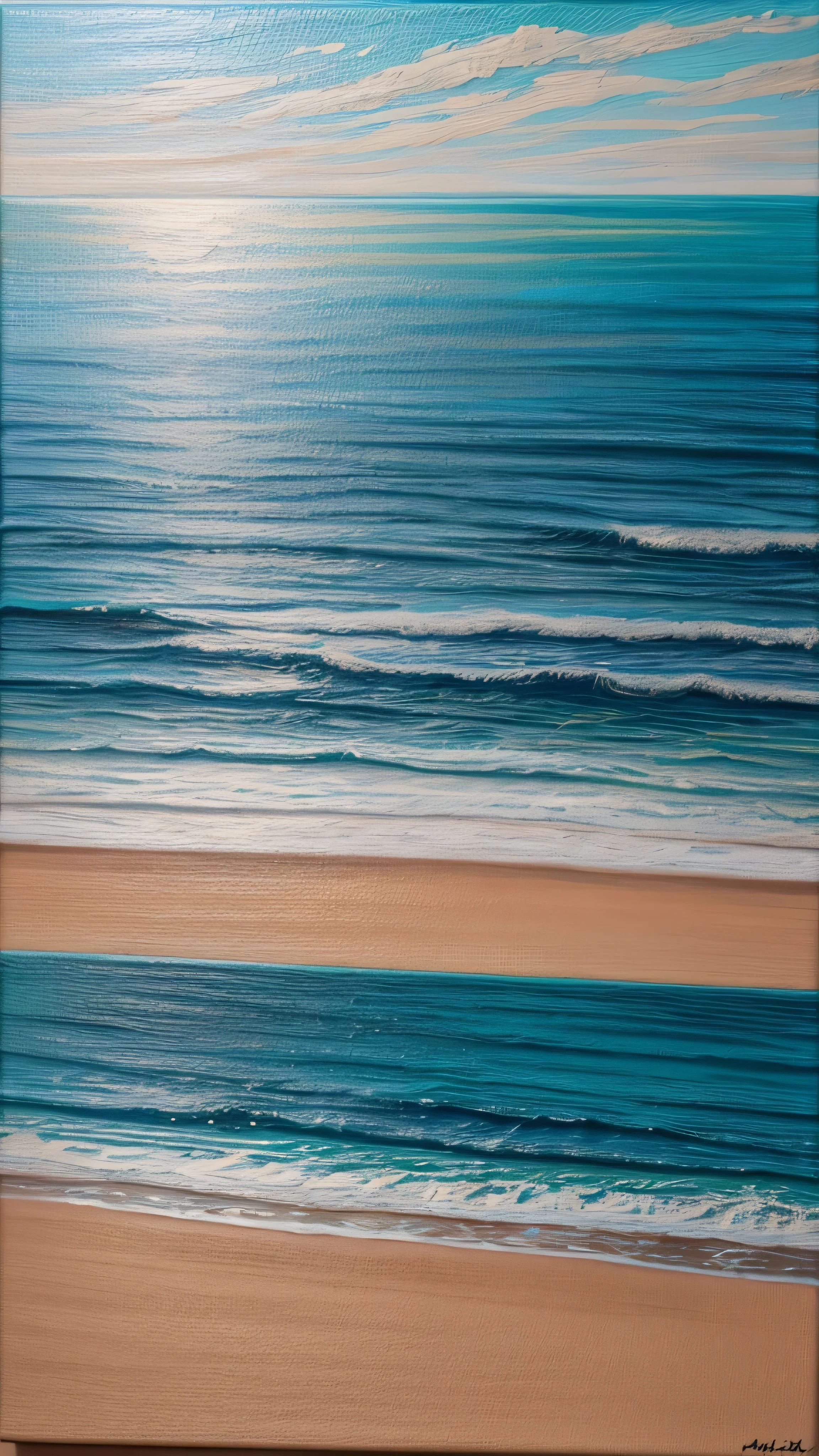 A painting of a blue and gold beach scene on a white background, Paul Davis (Paul Davis) detailed painting of, No splashing, Minimalism, 144x144 canvas, textured canvas, canvas art print, Oil painting texture on canvas, paint on canvas, turquoise horizon, Cyan landscape, Abstract painting oil on canvas, Set in 19xx, oil paint strokes
