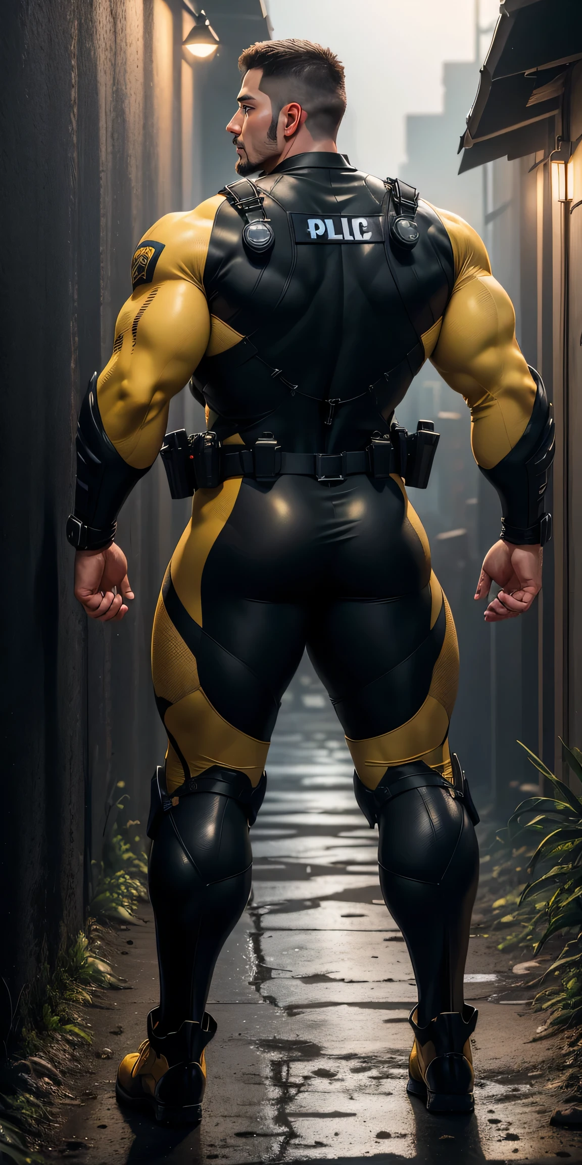 特别High背影, huge, and muscular police officer.,Yellow brown khaki camouflage wetsuit,he faces the wall,Hold the wall with both hands,round ,Highlights,character idea(Resident Evil - chris redfield,chris redfield)senior police officer,身穿Yellow brown khaki camouflage wetsuit,matte texture,regular symmetrical texture pattern,Standing in the dark sugar cane jungle, The body is wrapped in thick rattan,Valiant male pose,高大burly,muscular!Charming leg muscles,High, burly, Heqiang, 身穿Yellow brown khaki camouflage wetsuit, Super gain and cool, high resolution committee, Big feet in yellow brown boots,Charming strong man,The bright sunshine is shining on you,matte particles,shiny texture