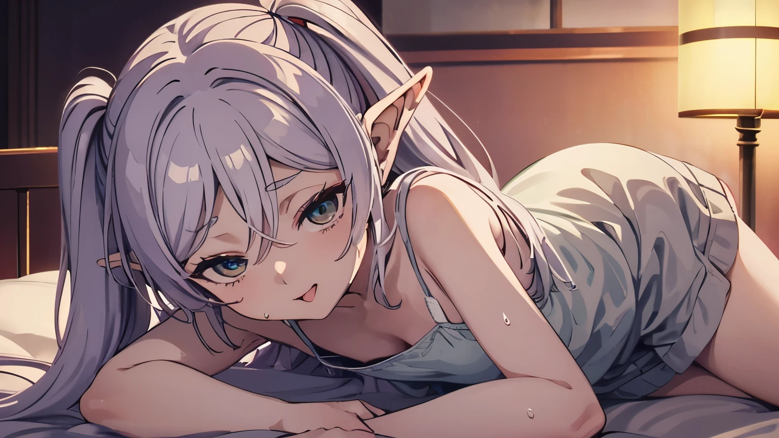 invite to bed、The background is a bed、naked、sweaty、Sex、touch dick、lick、elf、silver hair、twin tails、camisole、small breasts、dye one's cheeks red