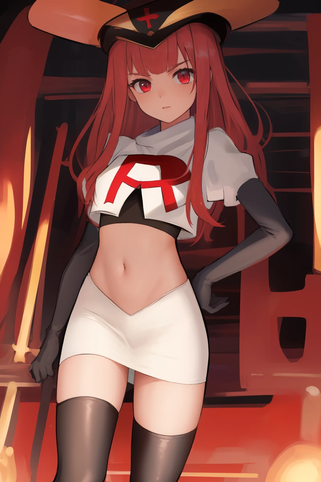 masterpiece, best quality, CG, wallpaper, HDR, high quality, high-definition, extremely detailed, potc, looking at viewer, team rocket,team rocket uniform,white skirt,red letter R,crop top,black thigh-highs,black elbow gloves