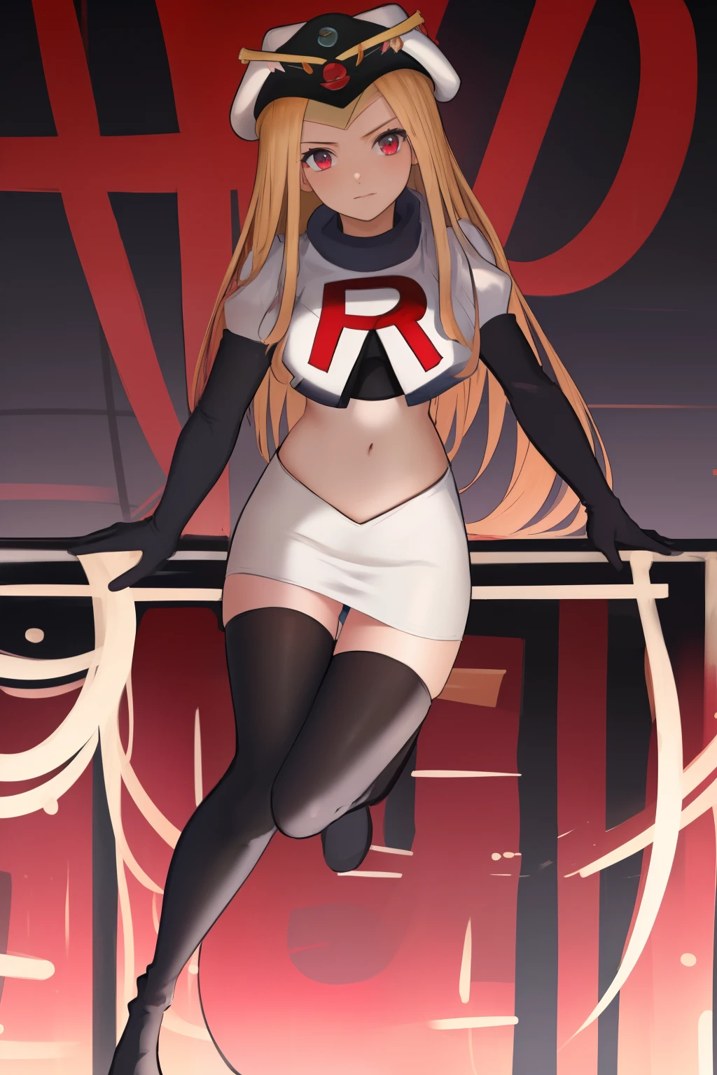 masterpiece, best quality, CG, wallpaper, HDR, high quality, high-definition, extremely detailed, potc, looking at viewer, team rocket,team rocket uniform,white skirt,red letter R,crop top,black thigh-highs,black elbow gloves