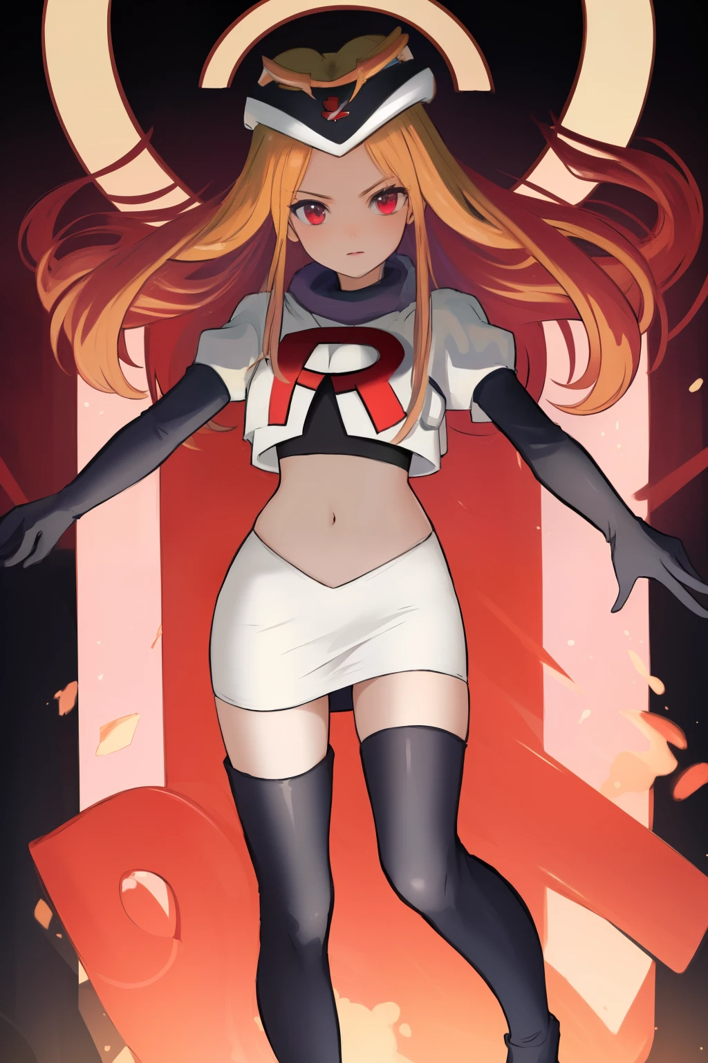 masterpiece, best quality, CG, wallpaper, HDR, high quality, high-definition, extremely detailed, potc, looking at viewer, team rocket,team rocket uniform,white skirt,red letter R,crop top,black thigh-highs,black elbow gloves