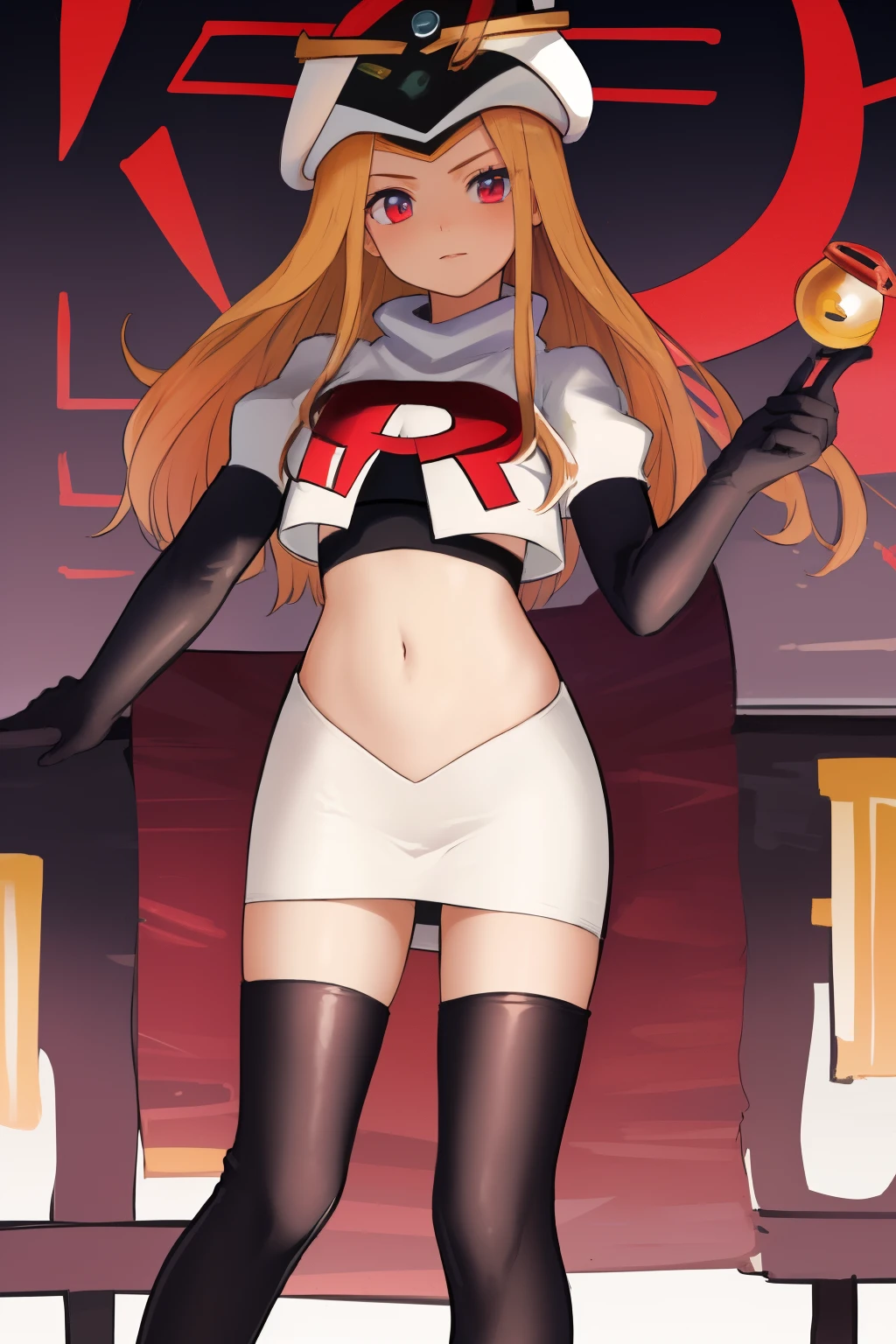 masterpiece, best quality, CG, wallpaper, HDR, high quality, high-definition, extremely detailed, potc, looking at viewer, team rocket,team rocket uniform,white skirt,red letter R,crop top,black thigh-highs,black elbow gloves