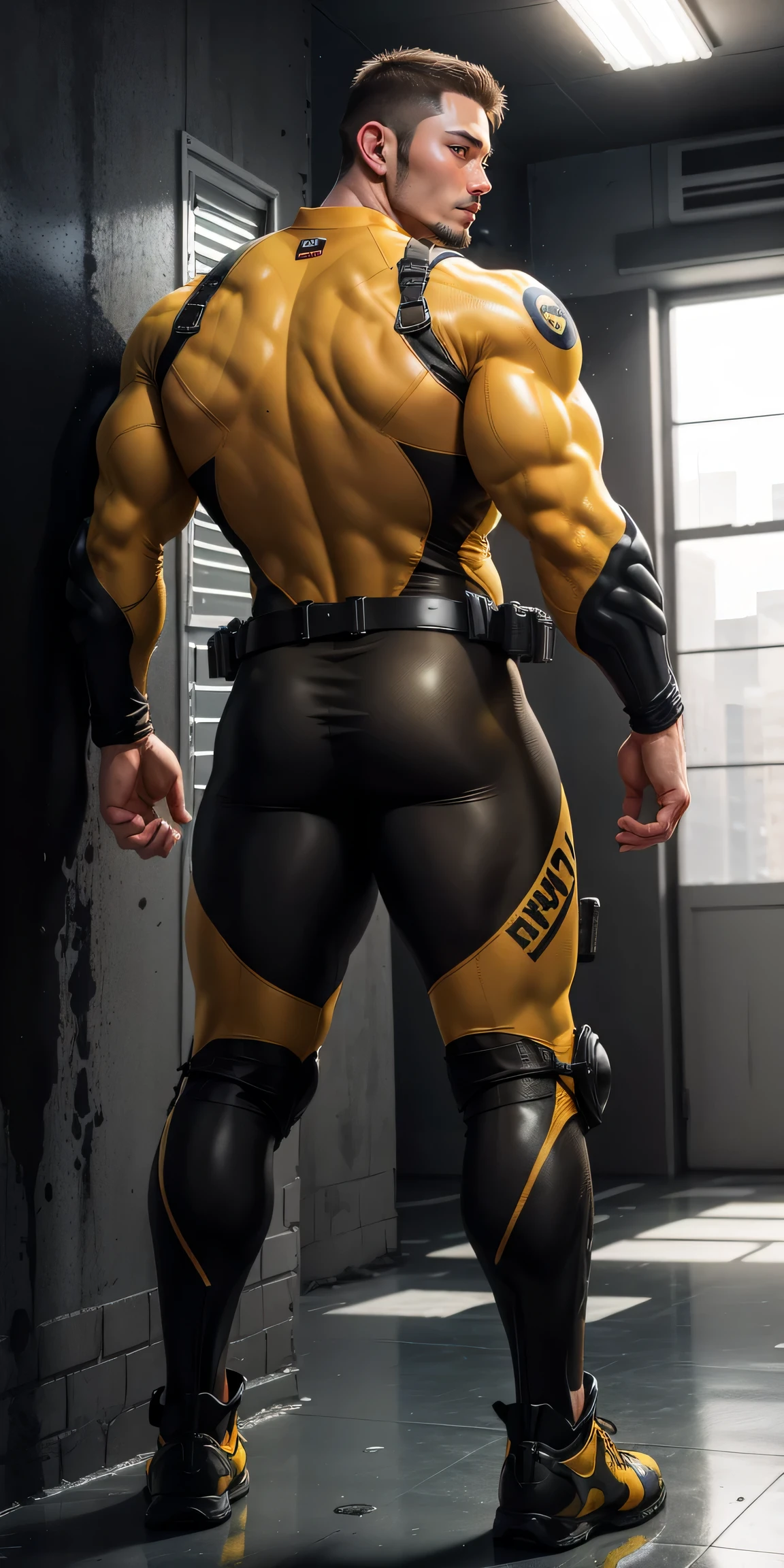 特别High背影, huge, and muscular police officer.,Yellow brown khaki camouflage wetsuit,he faces the wall,Hold the wall with both hands,round butt,Highlights,character idea(Resident Evil - chris redfield,chris redfield)senior police officer,身穿Yellow brown khaki camouflage wetsuit,matte texture,regular symmetrical texture pattern,Standing in a filthy athletic dormitory, Messy clothes and sofa,Valiant male pose,高大burly,muscular!Charming leg muscles,High, burly, Heqiang, 身穿Yellow brown khaki camouflage wetsuit, Super gain and cool, high resolution committee, Big feet in yellow brown boots,Charming strong man,The bright sunshine is shining on you,matte particles,shiny texture
