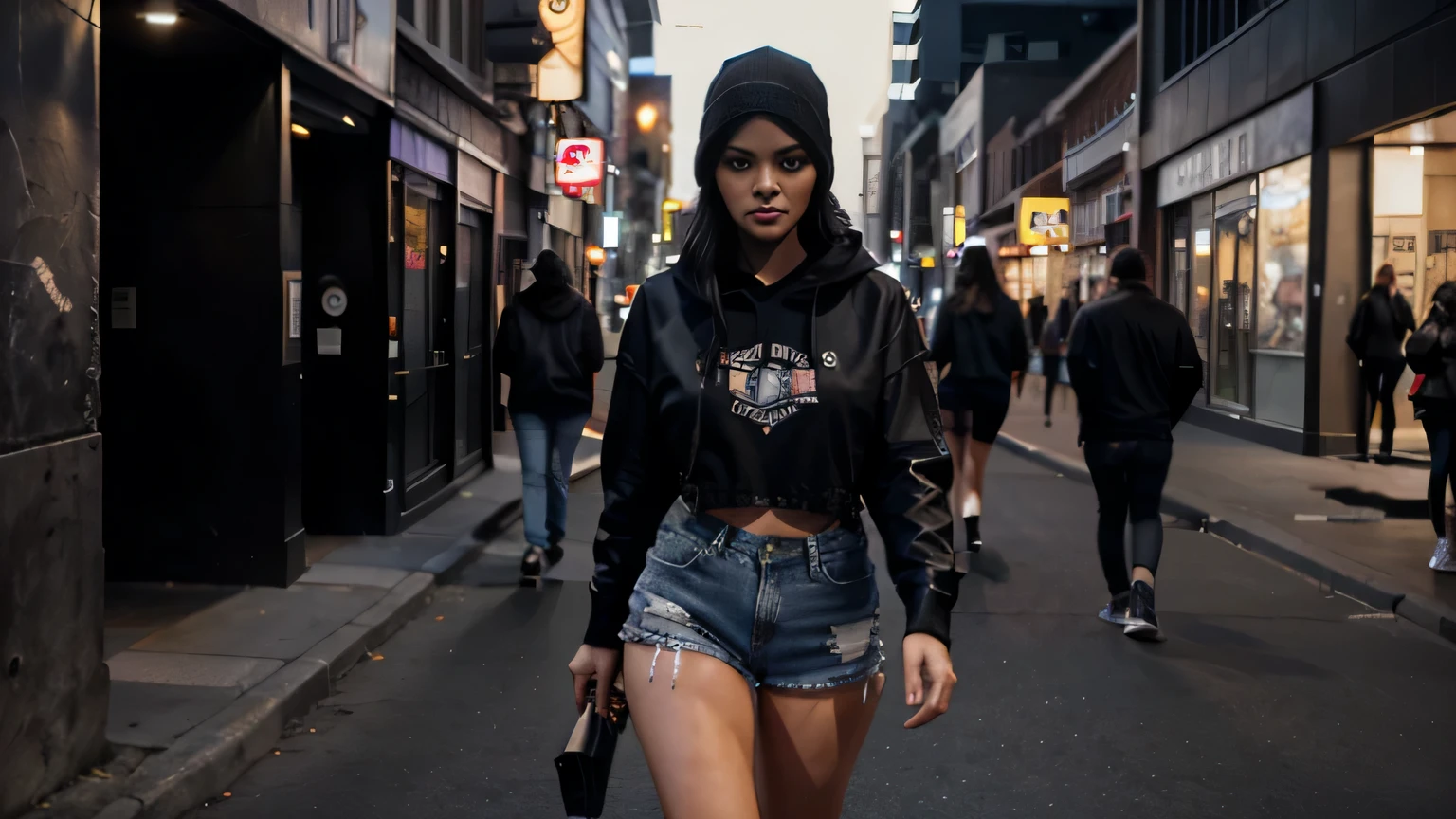 black-haired woman, Hooded shirt, Big Tits, tattoos, , lean girl, black denim shorts, whole body, Walking down the street, night city