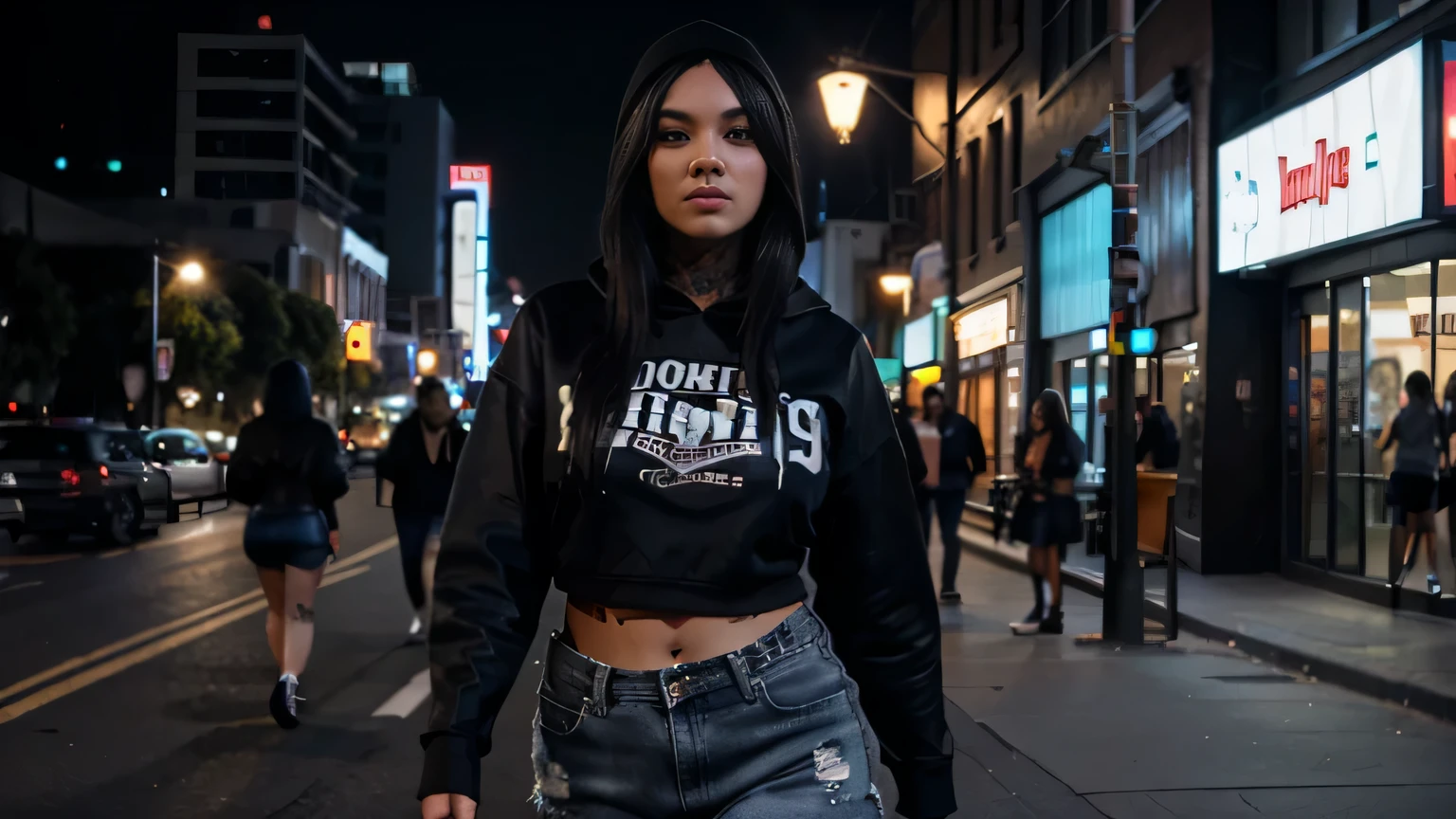 black-haired woman, Hooded shirt, Big Tits, tattoos, , lean girl, black denim shorts, whole body, Walking down the street, night city