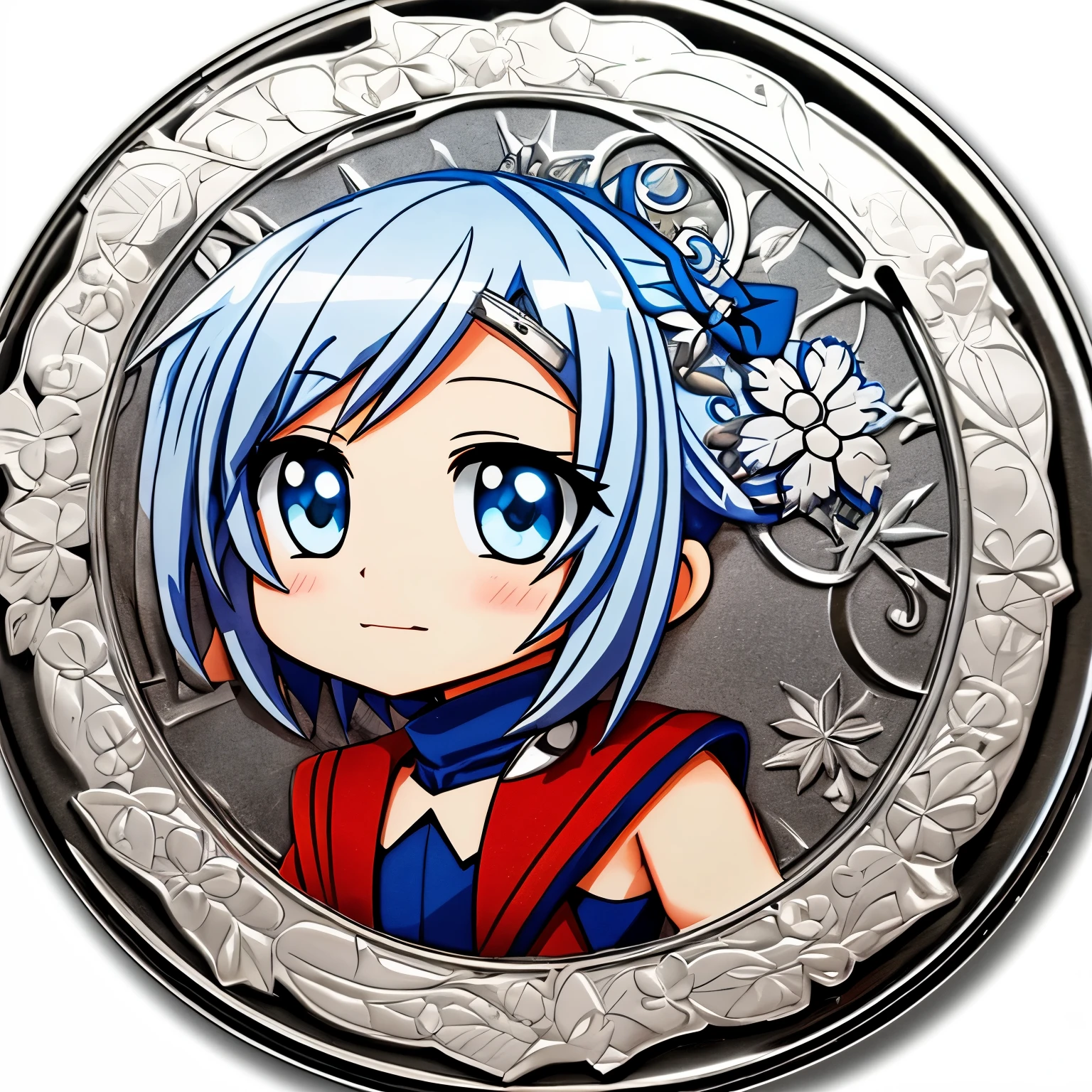  a silver coin with a hand-painted anime character on its front. The chibi girl's deformed features and playful expression make this coin a unique and captivating piece of art. The level of detail in this image will leave you in awe.