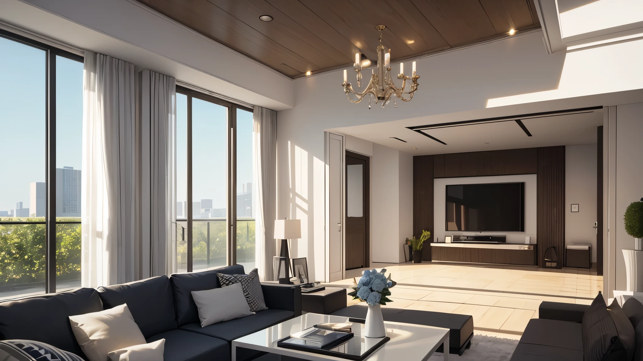 you are a famous interior designer、I was asked to create a 3D image of a large modern room.。. Create a harmonious environment with modern and minimalist furniture. Including garden interior.