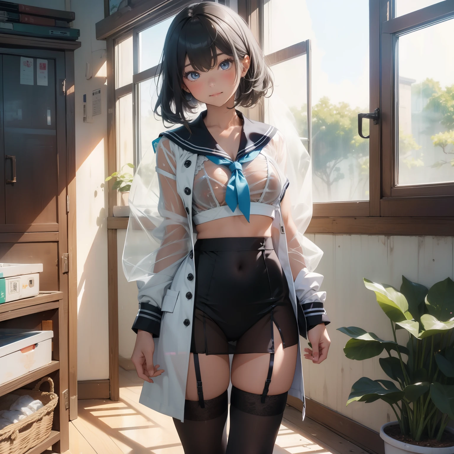 (quality)), ((masterpiece)), Recommended results、浮肿of乳头、(see through:1.5)、挺直你of背部、abdominal muscles、巨大of胸围、与地板of角度:1.2、low shooting angle、Hair loss on crotch，Hatsune Miku，((8k, original photo, 最好of质量, masterpiece), High-detail RAW color photos for professional close-up photos, (实际of, photorealism:1. 37), (最好of质量), (最好of影子), (Best Illustration), clavicle ((big breasts)), ((of, 性感of, horny)) ultra high resolution, High-detail CG unified 8K wallpaper, 基于物理of渲染, light), (Egiosar:1), 1  girl in school wearing school uniform, ((Half white coat outside)), (sailor collar school uniform), short shirt showing off the navel, in the classroom, Breasts sticking out, (split:1.2), 美丽细致of眼睛, There is light on the face, ((full-body shot)), The light is particularly strong,  feminine expression, (garter stockings, Thick thighs), 