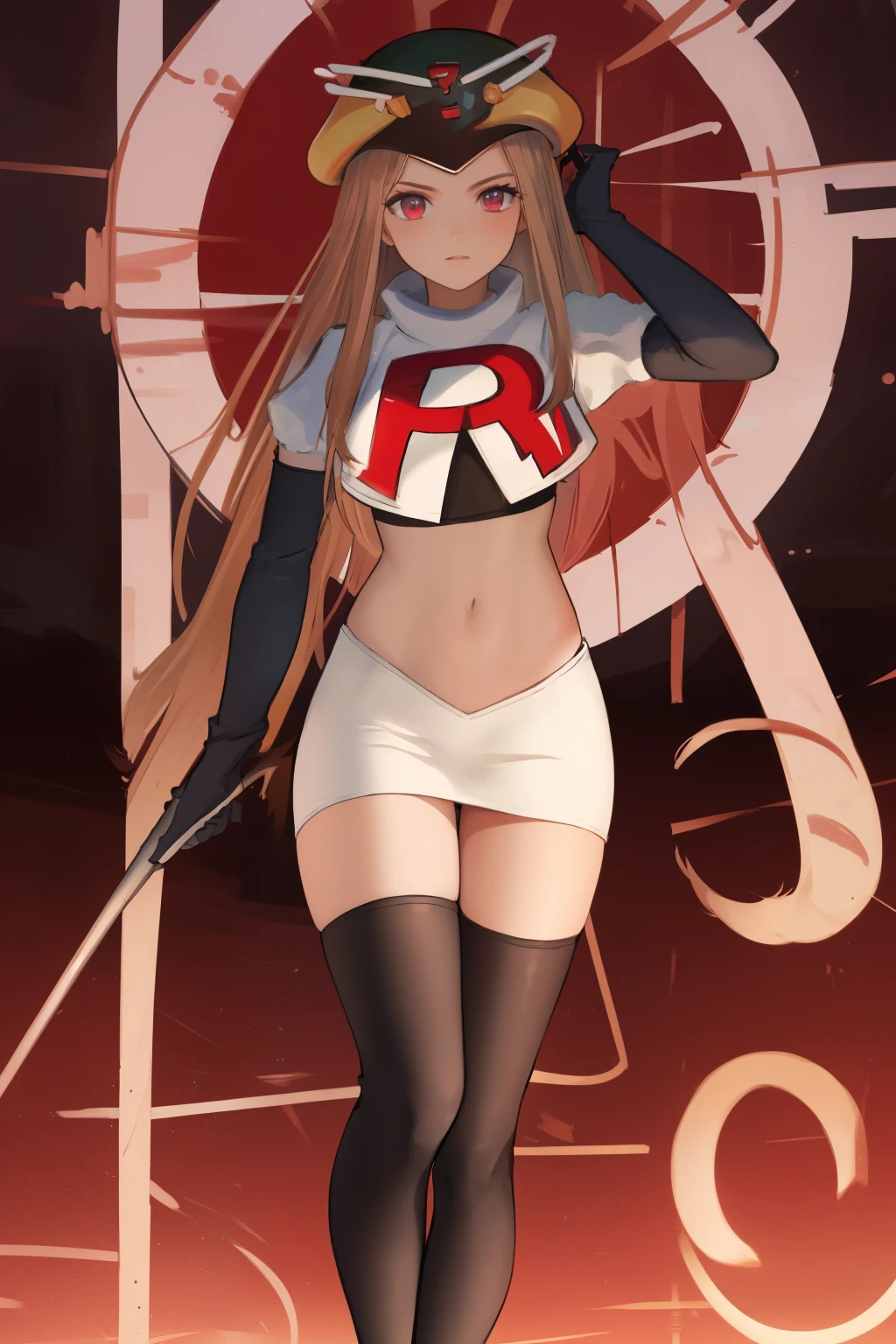 masterpiece, best quality, CG, wallpaper, HDR, high quality, high-definition, extremely detailed, potc, looking at viewer, team rocket,team rocket uniform,white skirt,red letter R,crop top,black thigh-highs,black elbow gloves