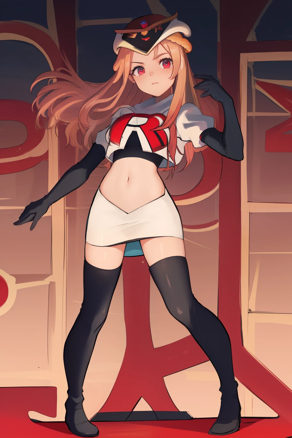 masterpiece, best quality, CG, wallpaper, HDR, high quality, high-definition, extremely detailed, potc, looking at viewer, team rocket,team rocket uniform,white skirt,red letter R,crop top,black thigh-highs,black elbow gloves