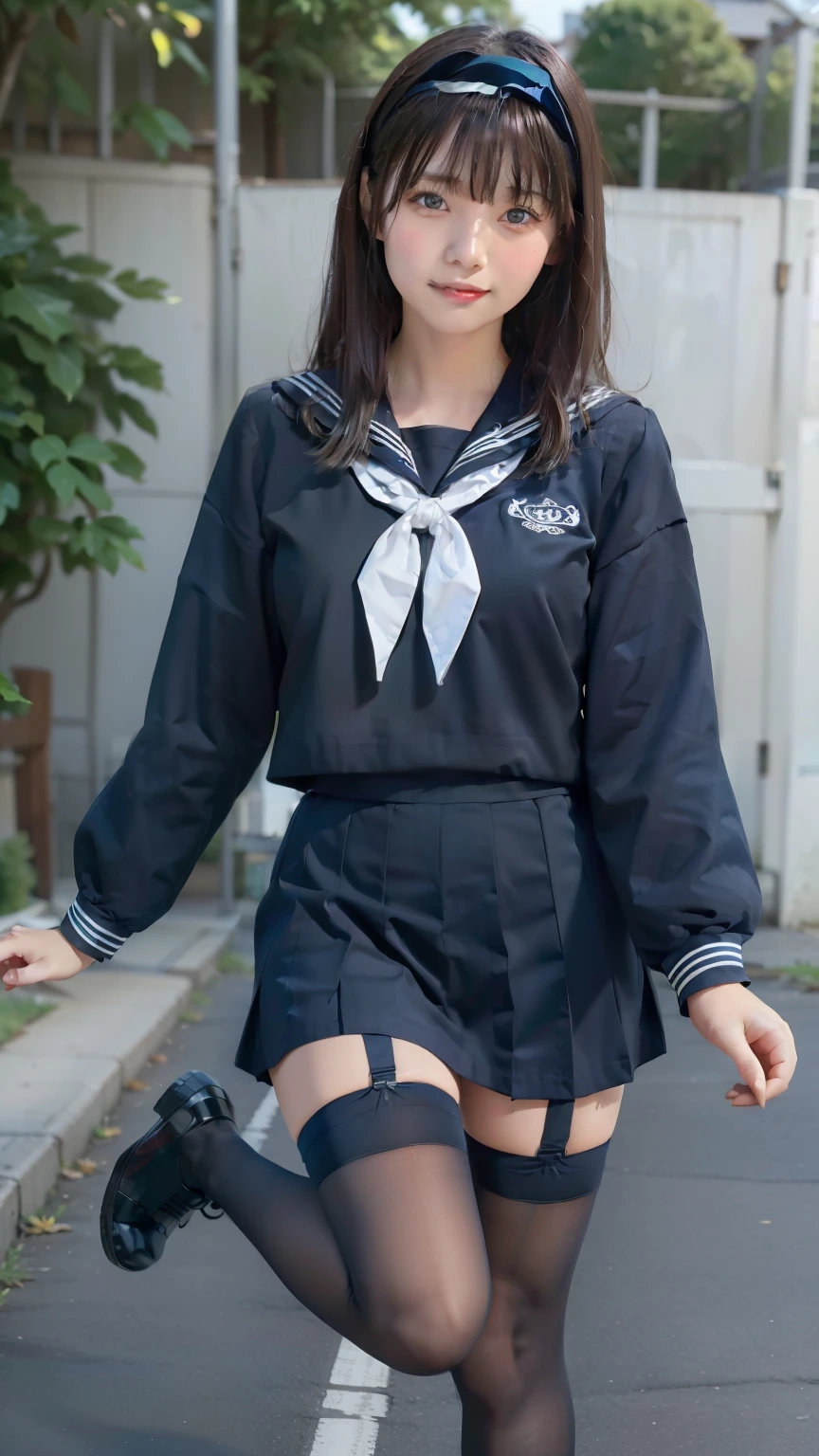 sailor suit, one woman, (a beauty woman, delicate :1.3), black hair, semi straight hair, Bangs Patsun, (8K), (highest quality: 1.2), (realistic), (realistic: 1.37), (masterpiece), (ultra high resolution), (RAW photo), (absolute resolution),(small face compared to body), (small face), facial balance, black hair, ((Solid dark blue long-sleeved sailor suit)), realistic女子高生, (((white headband))), small breasts, tall, slanted eyes, light blue eyes, (In front of the school gate), (((black stockings))), black garter belt, open your mouth, smile, (((Jump small))), Girl Pose, blurry, 