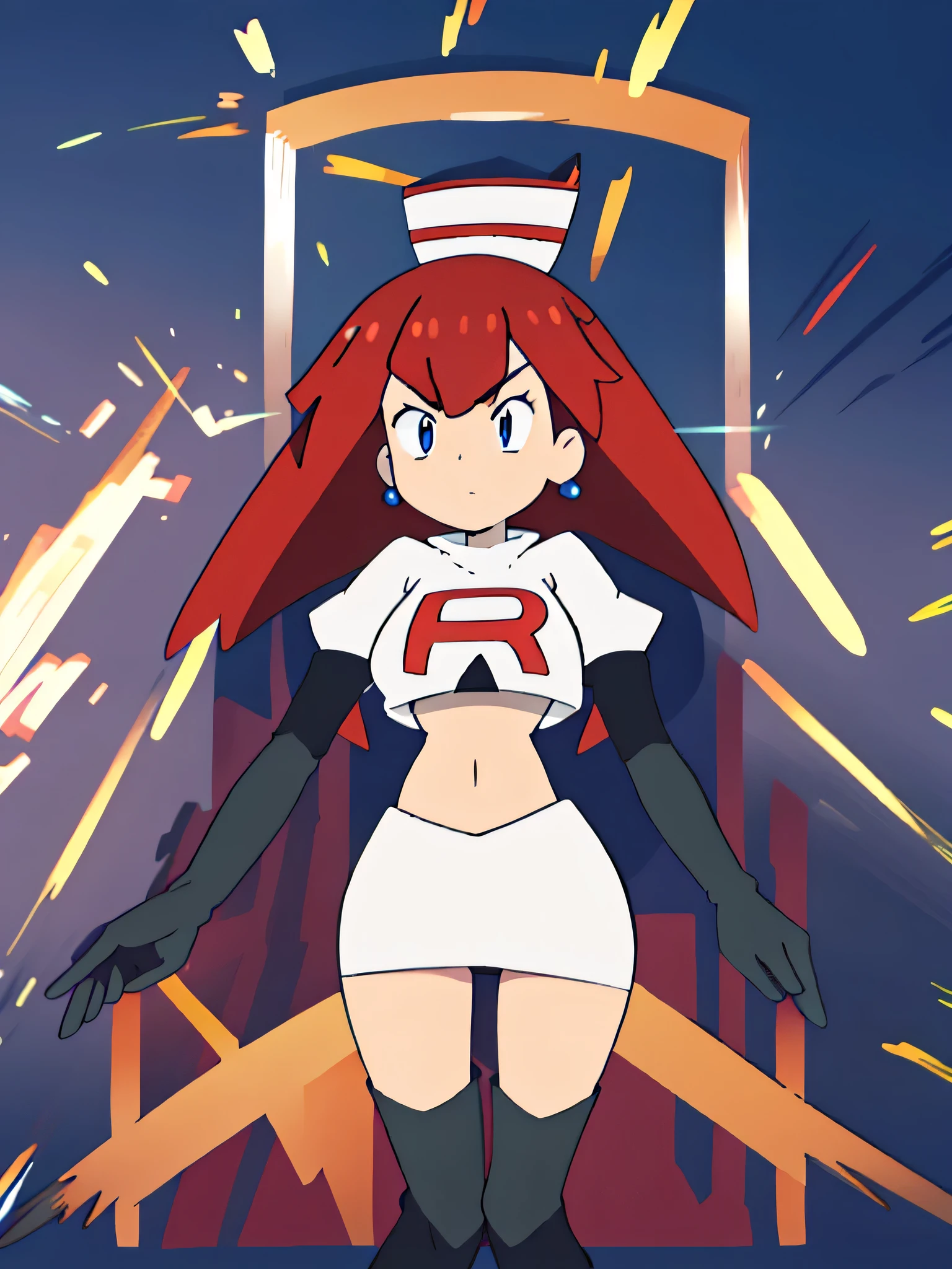 8k, ,1girl in, (solo:1.1), (perfect body:1.1), (best quality:1.1), very large breast, team rocket uniform, red letter r, white skirt,white crop top,black thigh-high boots, black elbow gloves, glaring angrily, looking down at viewer, hands on hips,zettai ryouiki,cowboy shot
