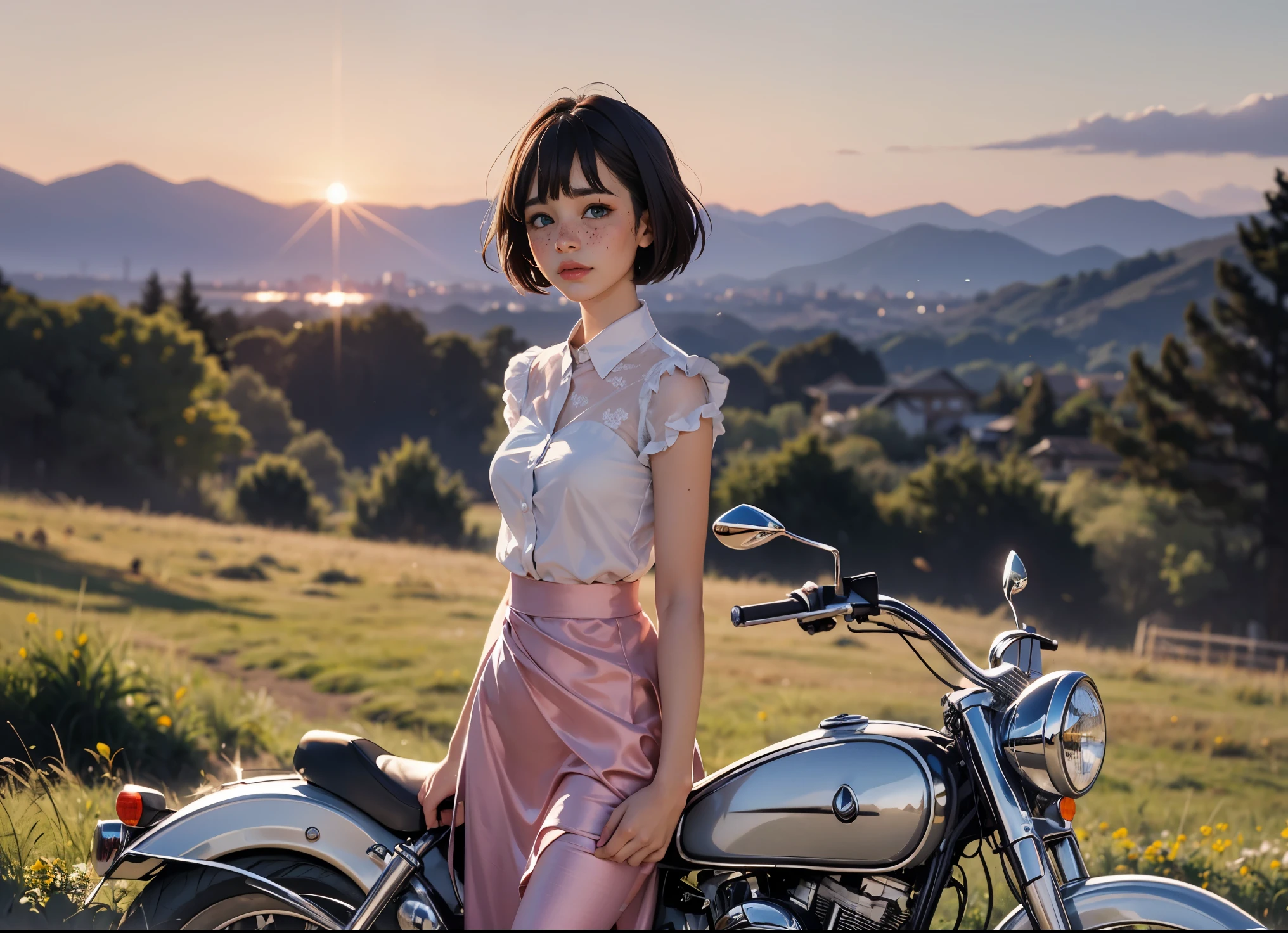 (((realistic))), (a girl stand front a vintage motocycle:1.79), girl focus, ((see through white frilly shirt:1.3), (full shot), (pink maxi satin skirt:1.3), nudity, (sweaty)), (flashing panty:1.2), 25 years old, (beautiful puffy clouds, sunset sky), (dusk, lush autumn hillside pandora world background:1.5), (, slim, thin body, puffy nipple:1.3), (photography, realistic, bokeh, blur), ((wavy short bob cut)), (cenimatic lights, soft lights:1.3)