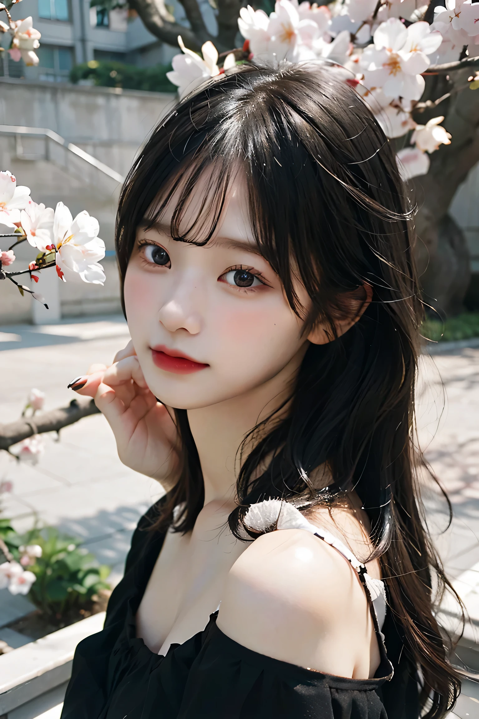 highest quality, masterpiece, ultra high resolution, to be born, 8k, surreal, young girl, off shoulder, smile, Natural light, fine skin, (black hair:1.4), red lipstick, (bangs:1.2), ((cherry blossom background)), very beautiful eyes, black eye